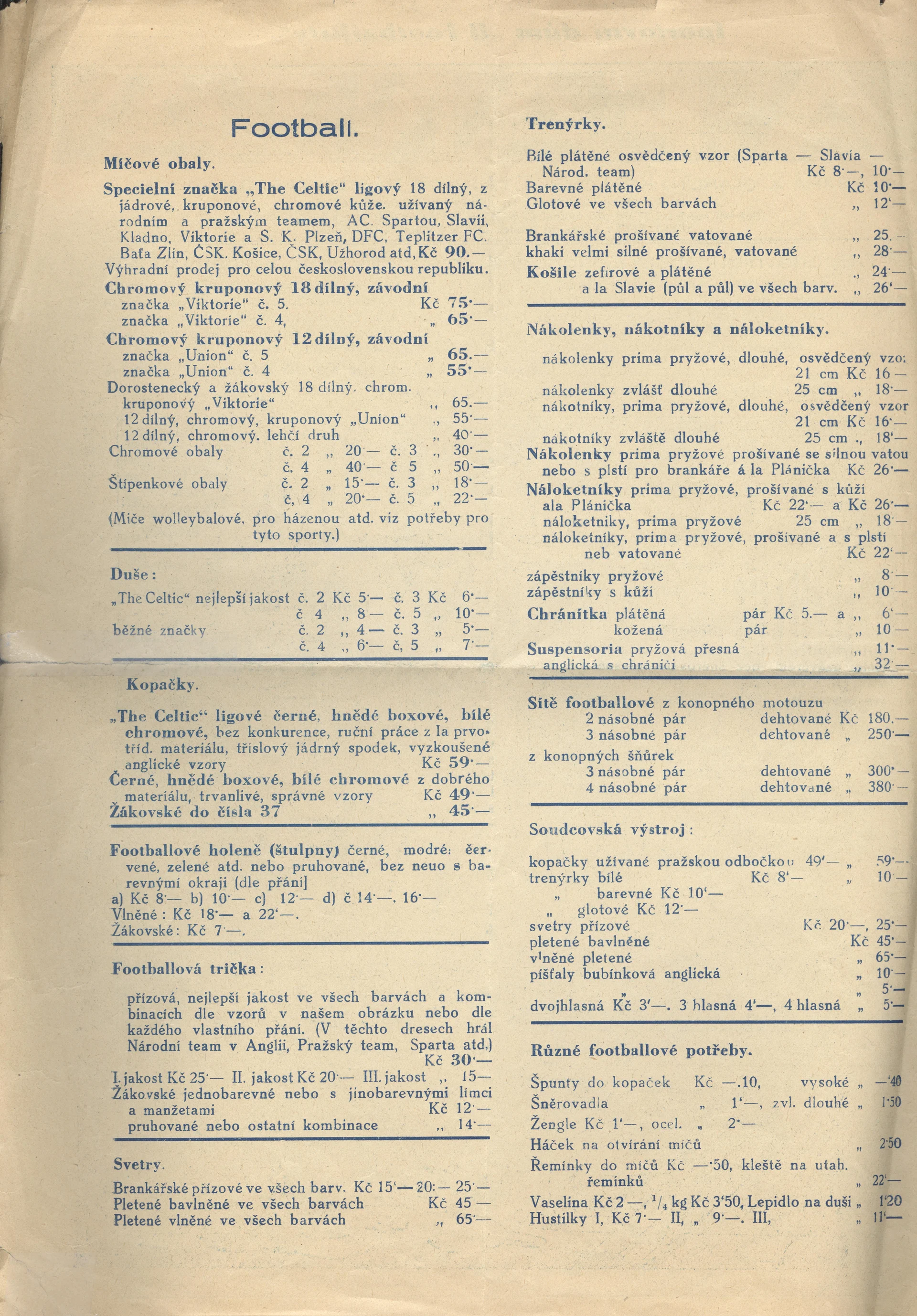 Náhledový obrázek předmětu Sportovní dům "U Footballisty" A. Fanta. Ceník zboží