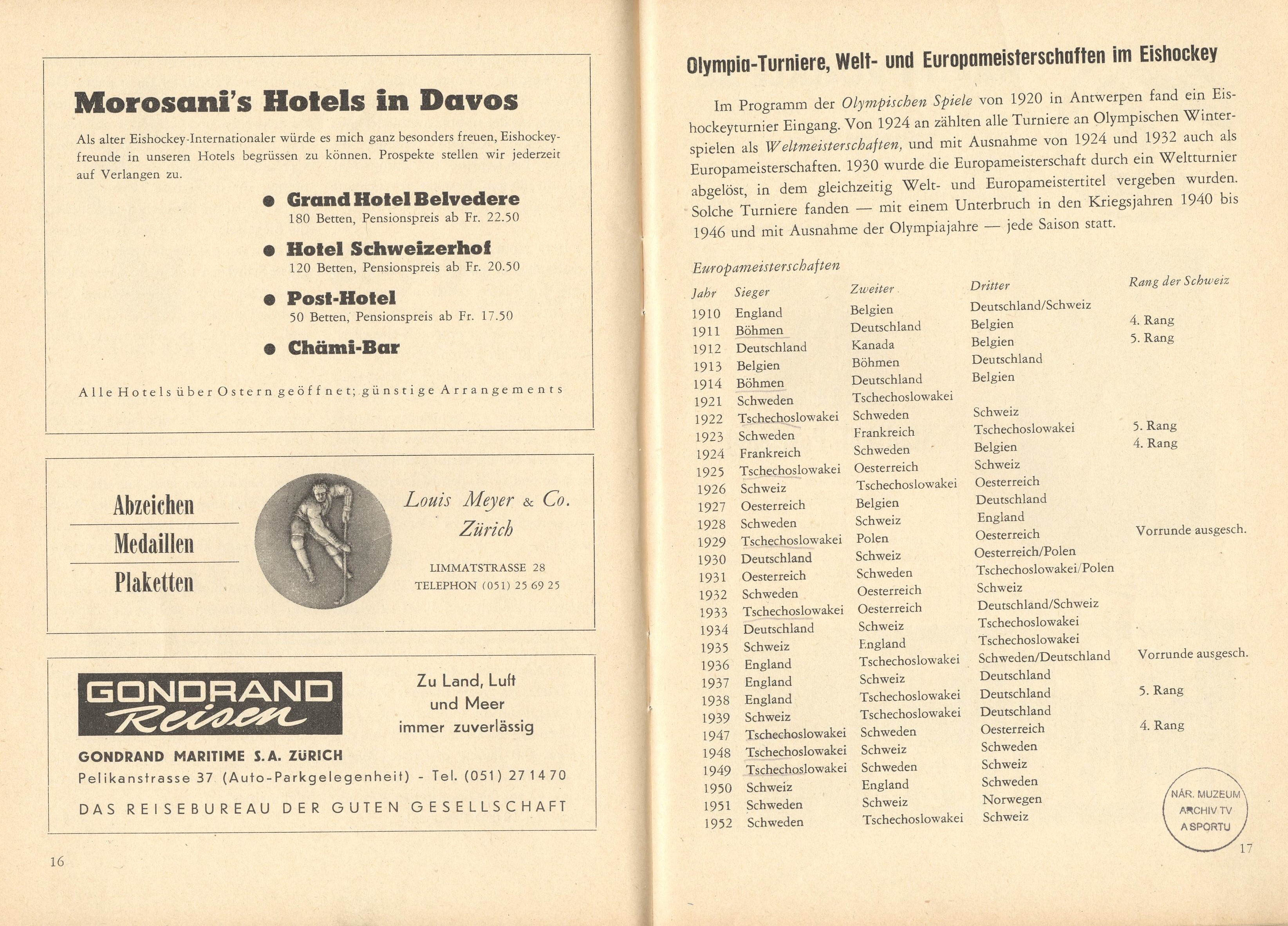 Náhledový obrázek Mistrovství světa v ledním hockeyi. Zürich - Basel 1953 - 3