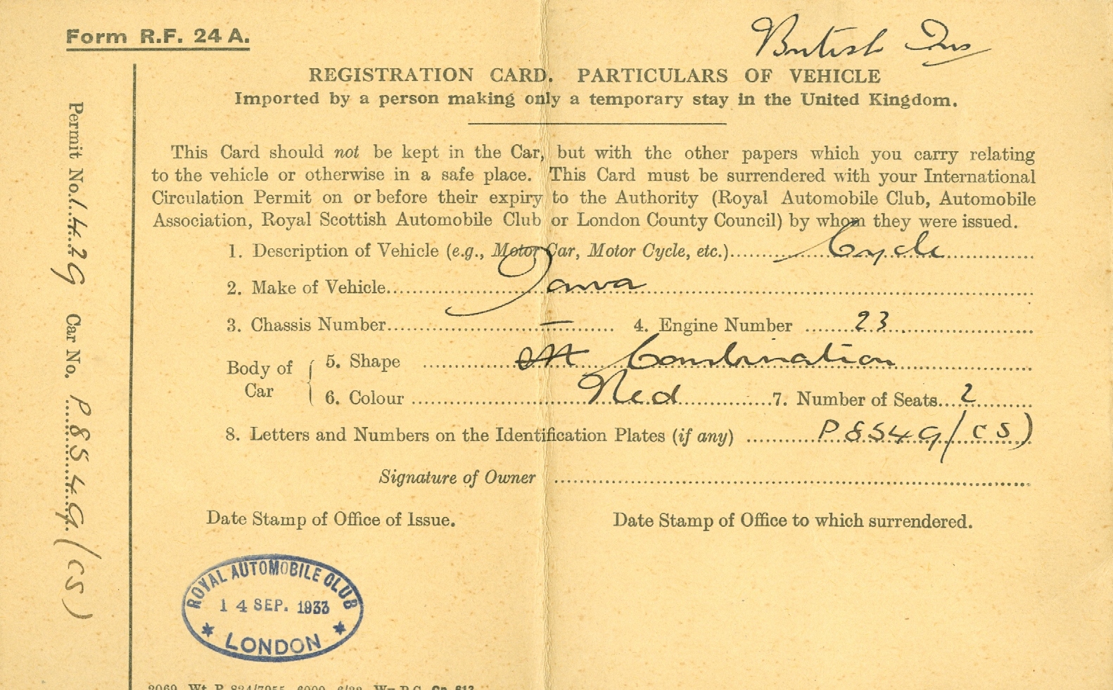 Náhledový obrázek Royal Automobile Club London. Registration Card. Particulars of Vehicle Jawa - 1