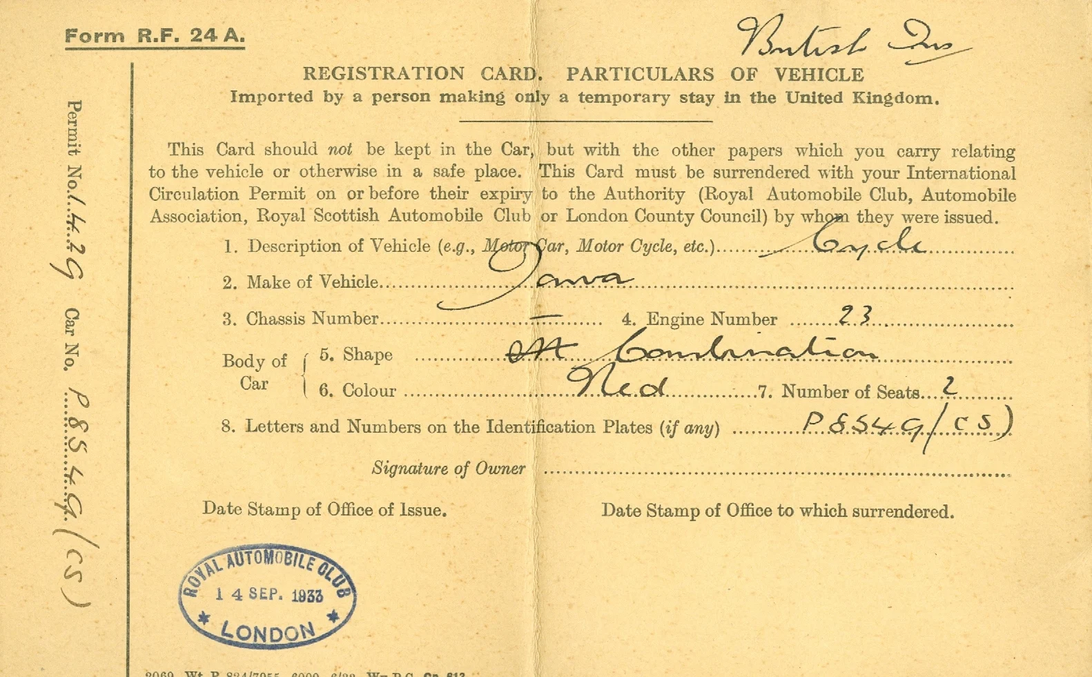 Náhledový obrázek předmětu Royal Automobile Club London. Registration Card. Particulars of Vehicle Jawa