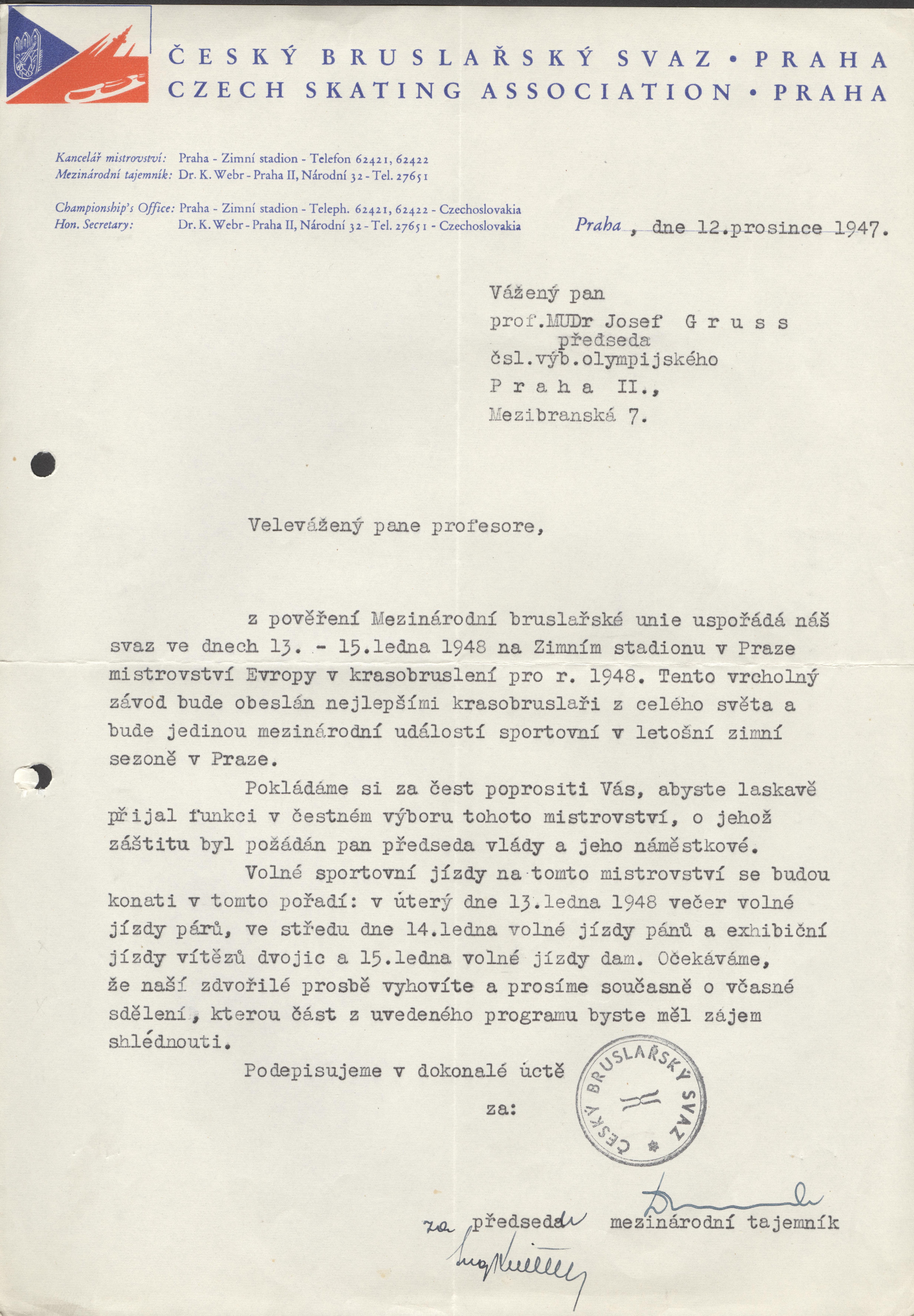Náhledový obrázek Žádost ČBS o přijetí funkce v čestném výboru mistrovství Evropy v krasobruslení 1947 - 1