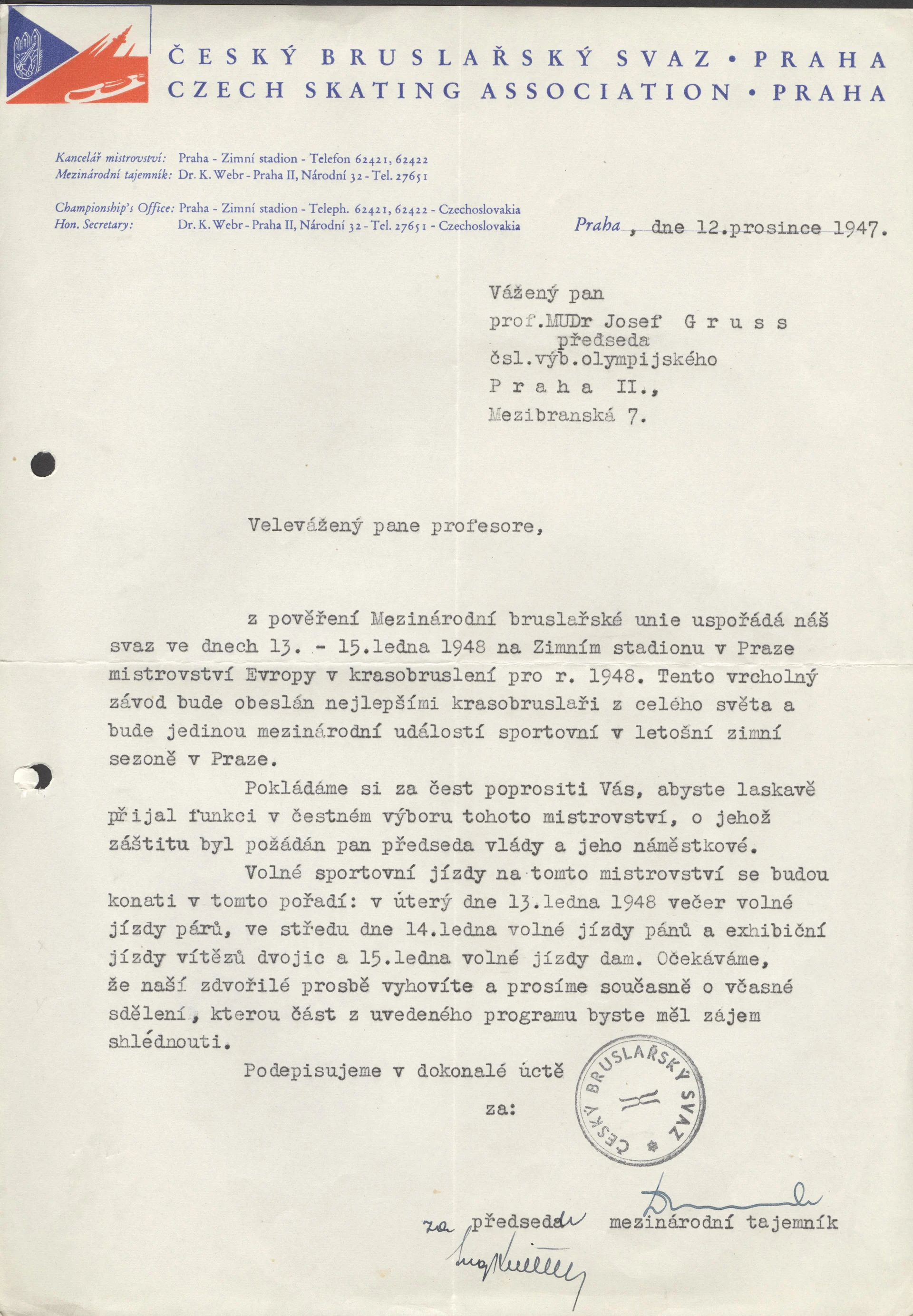Náhledový obrázek předmětu Žádost ČBS o přijetí funkce v čestném výboru mistrovství Evropy v krasobruslení 1947