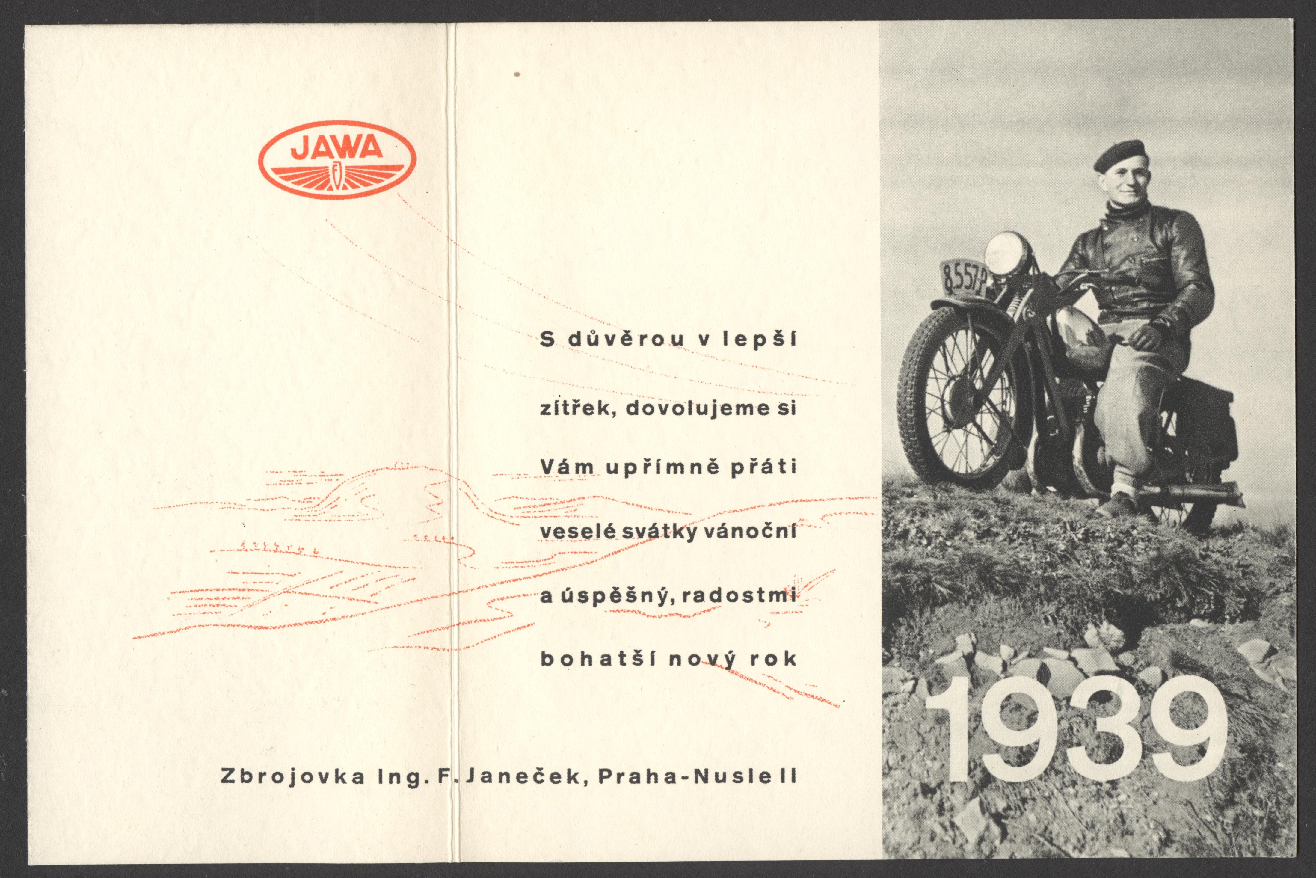 Náhledový obrázek Novoroční přání firmy JAWA (Zbrojovka Ing. F. Janeček) - 2