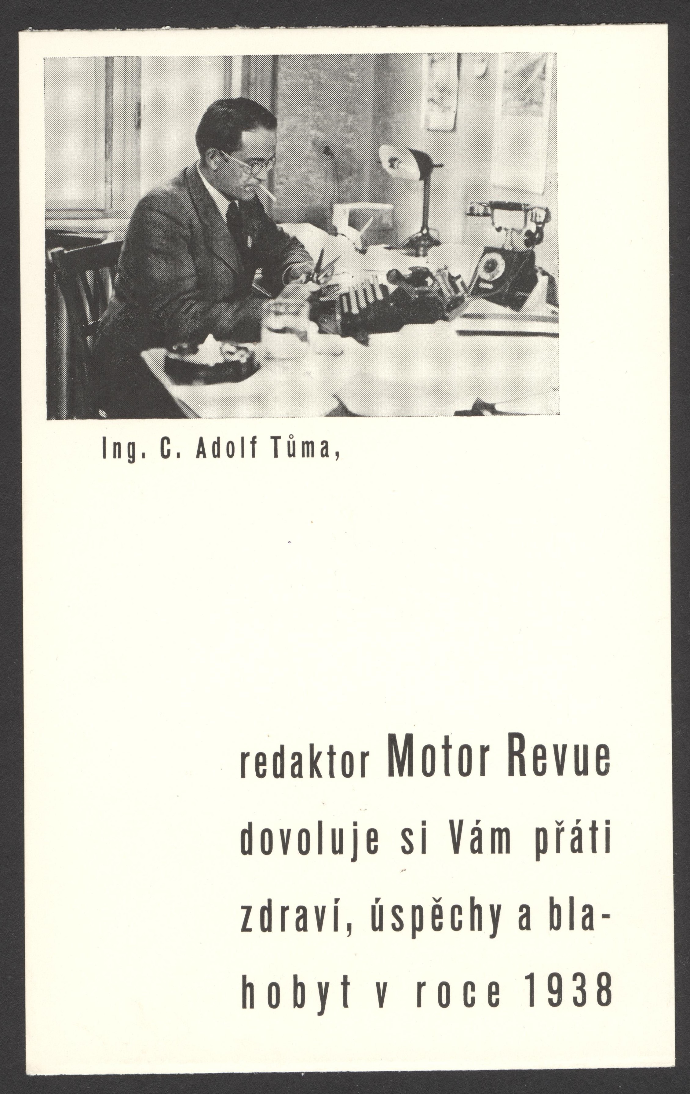 Náhledový obrázek Novoroční přání redaktora Motor Revue Adolfa Tůmy Jaroslavu Kalvovi - 1