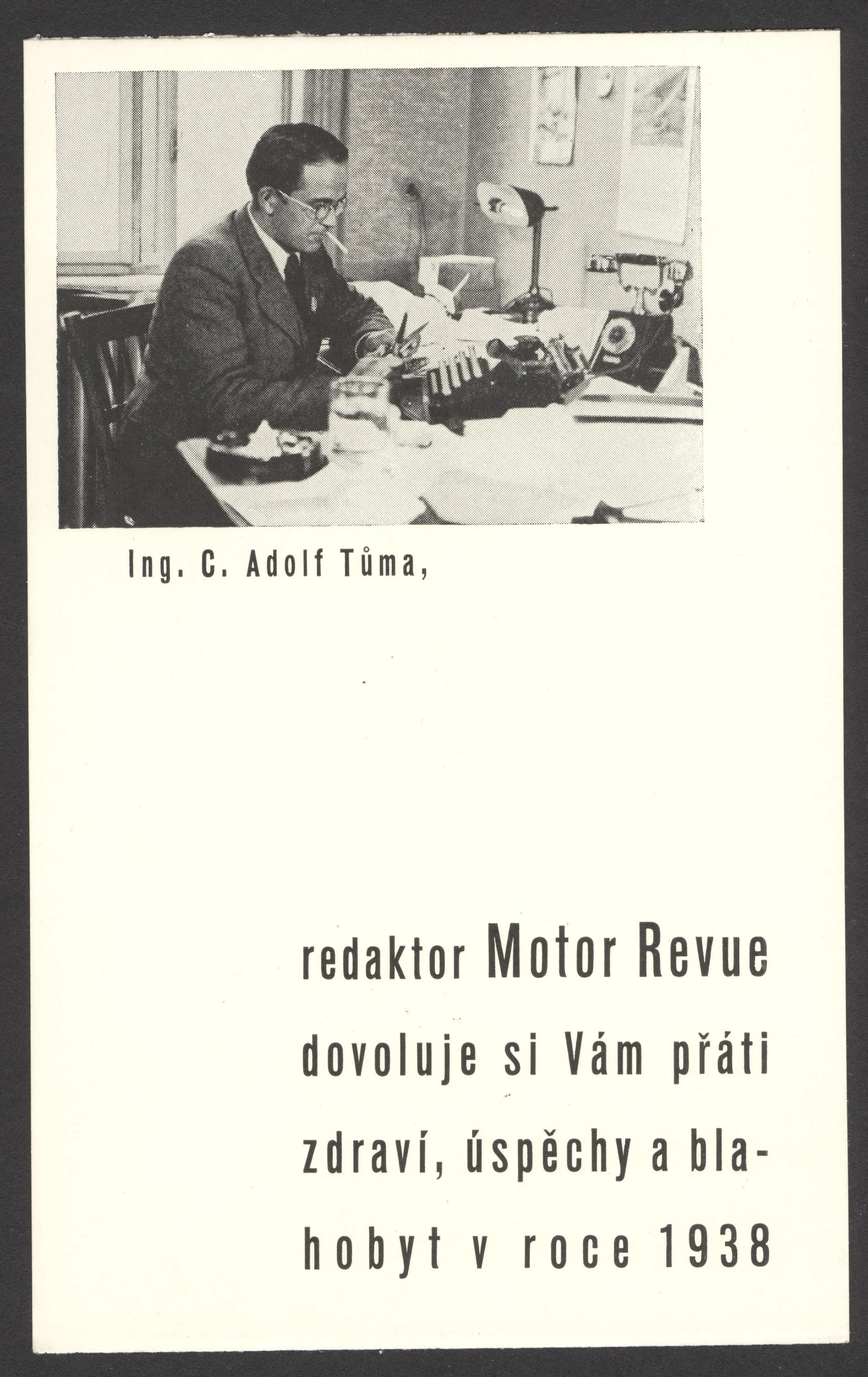 Náhledový obrázek předmětu Novoroční přání redaktora Motor Revue Adolfa Tůmy Jaroslavu Kalvovi