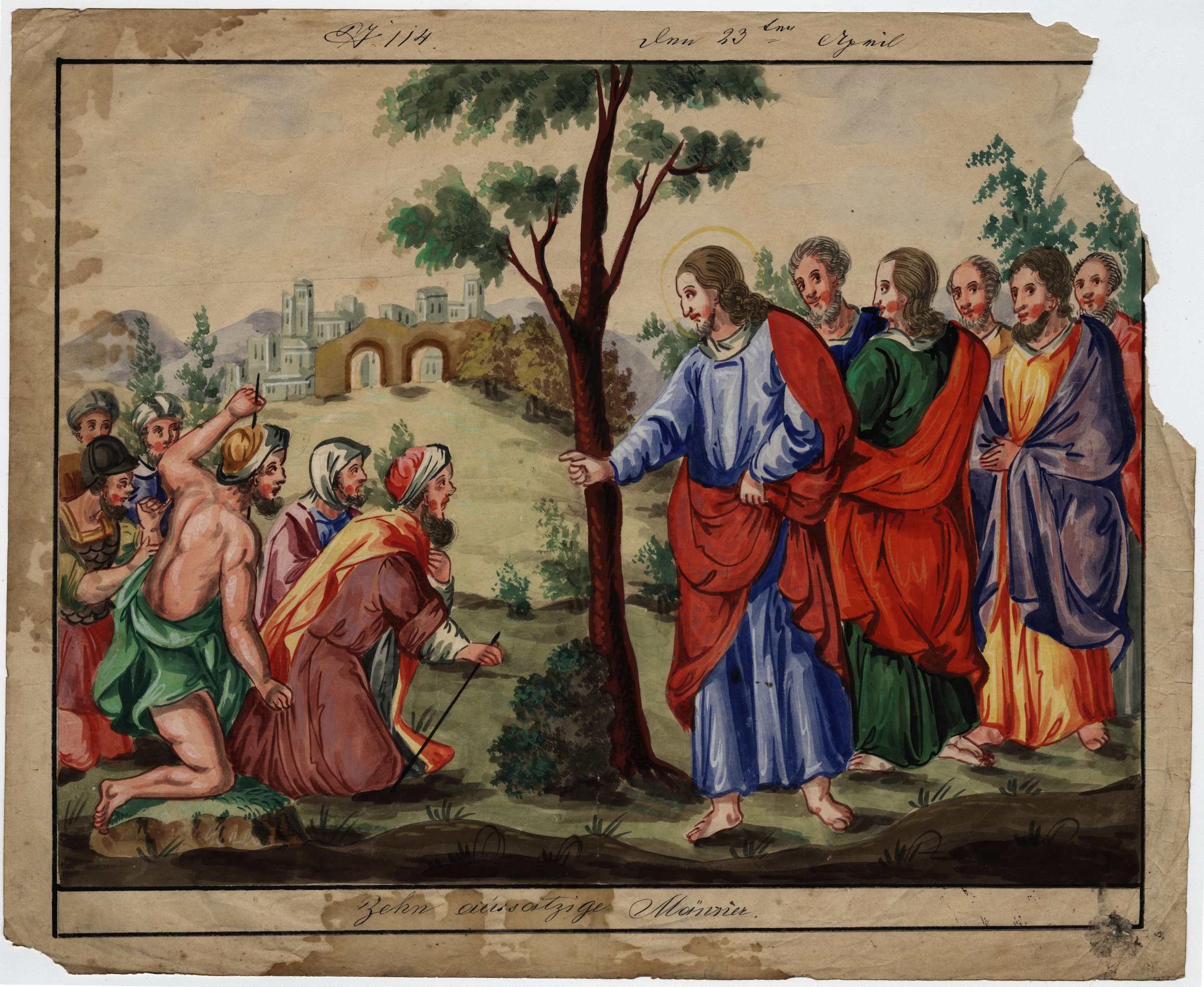 Náhledový obrázek Antonius Aust: Deset malomocných a Kristus (akvarel) - 1