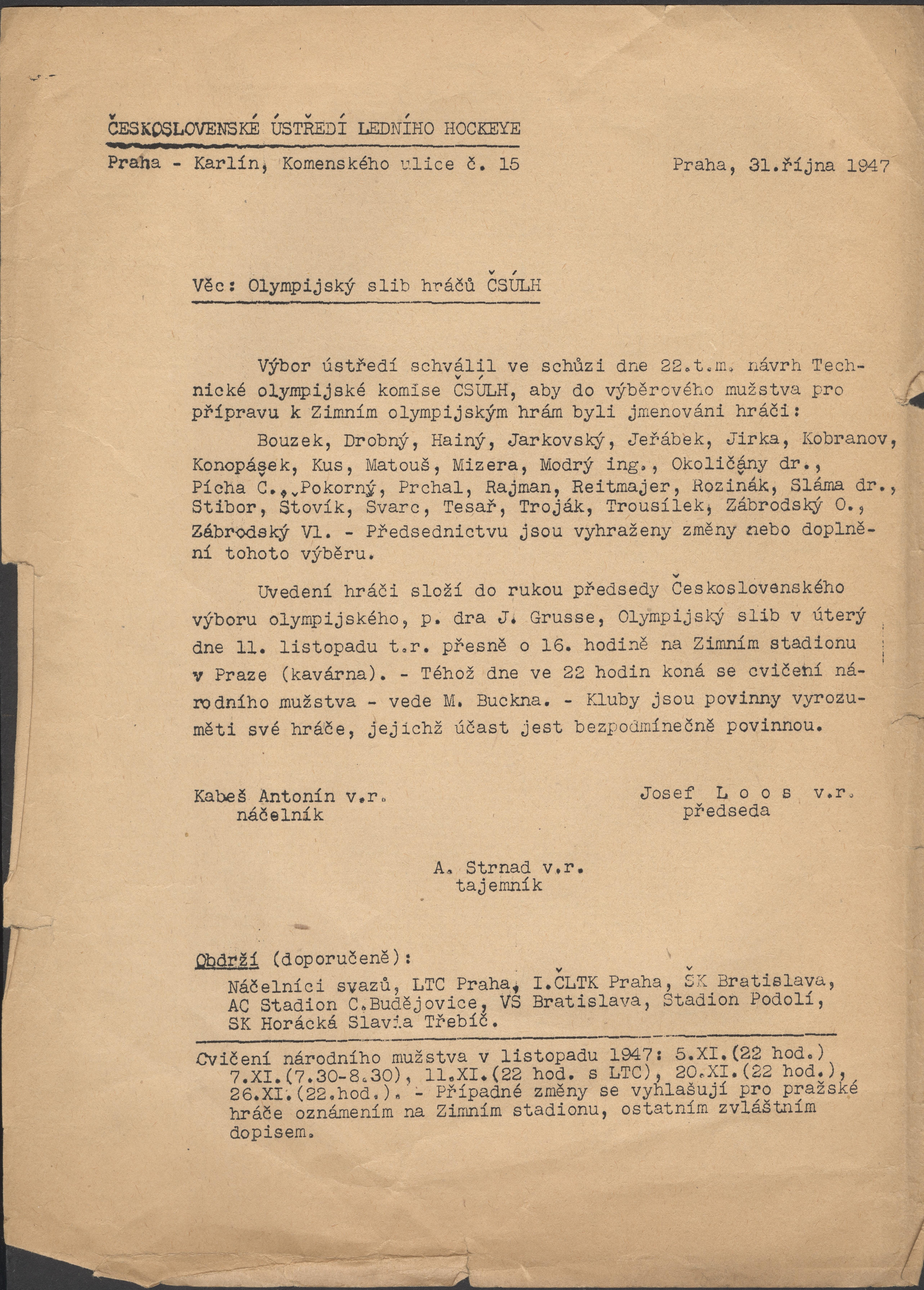 Náhledový obrázek Nominace hokejistů pro výběrové mužstvo na ZOH 1948 - 1