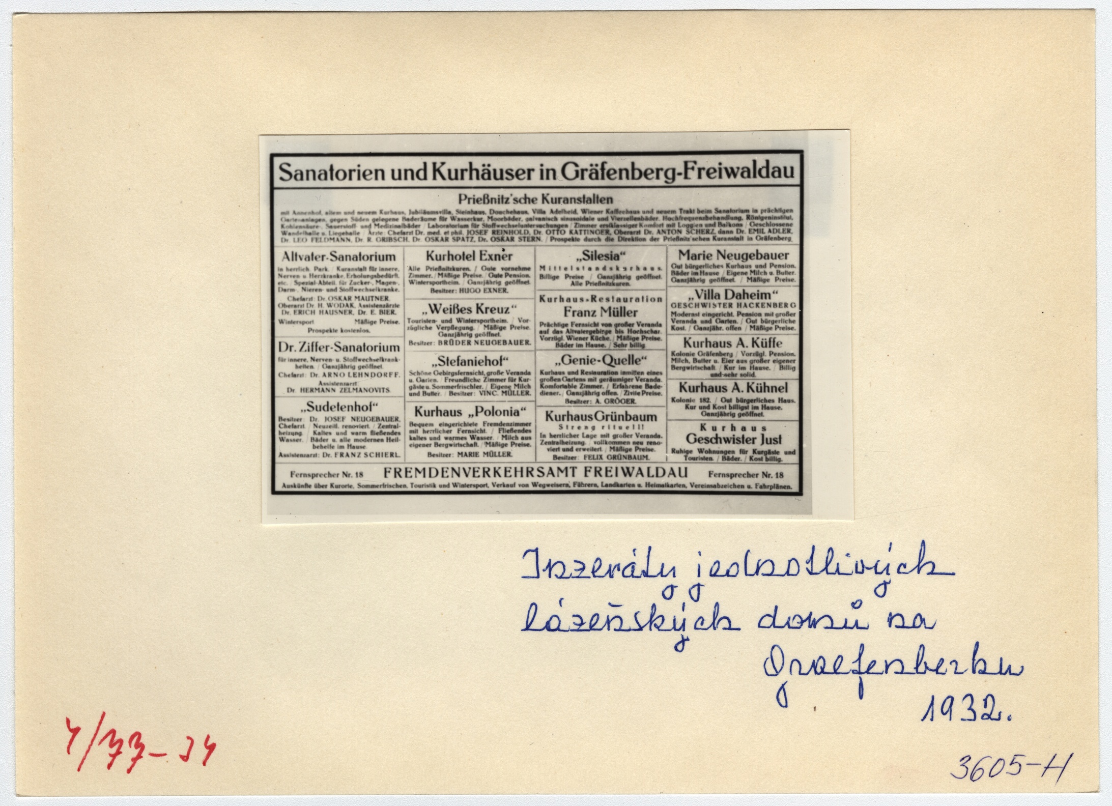 Náhledový obrázek Inzeráty lázeňských domů na Gräfenbergu z roku 1932 (reprofoto) - 2