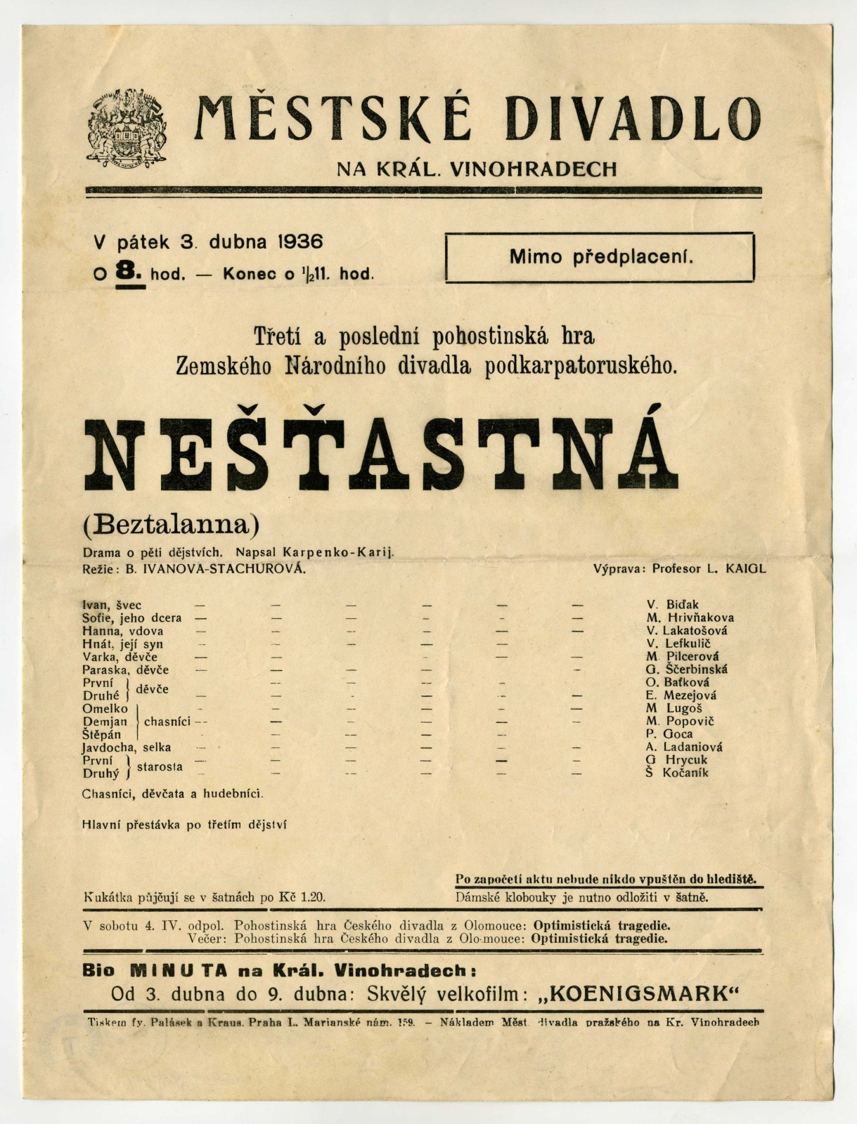 Náhledový obrázek „Nešťastná“ (Beztalanna): drama - 1