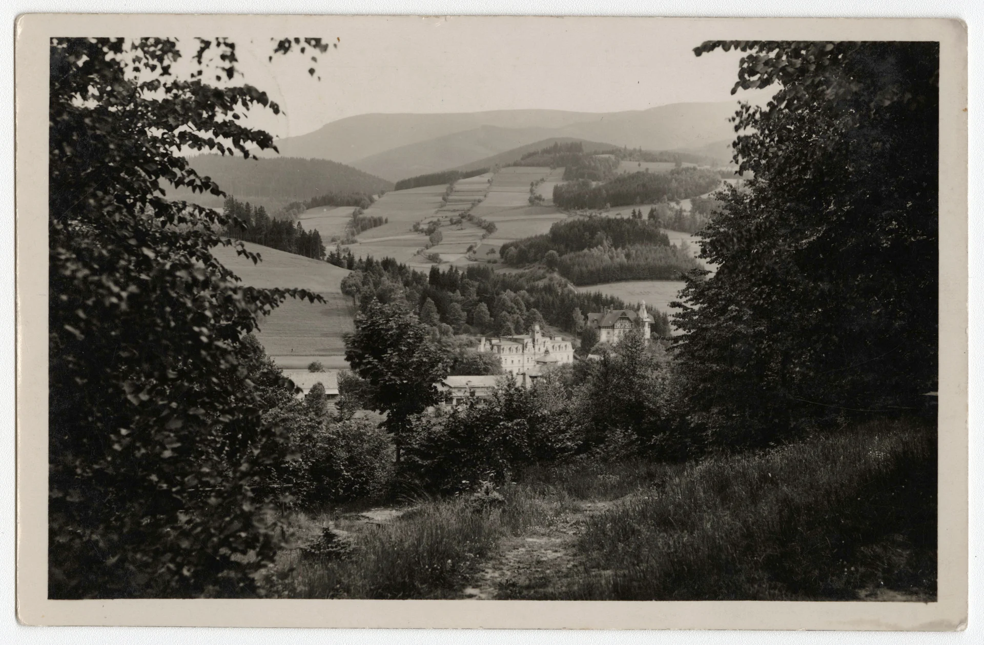 Náhledový obrázek předmětu Villa Grohmann a Villa Theresa v lázních Dolní Lipová z dálky (čb. pohlednice)