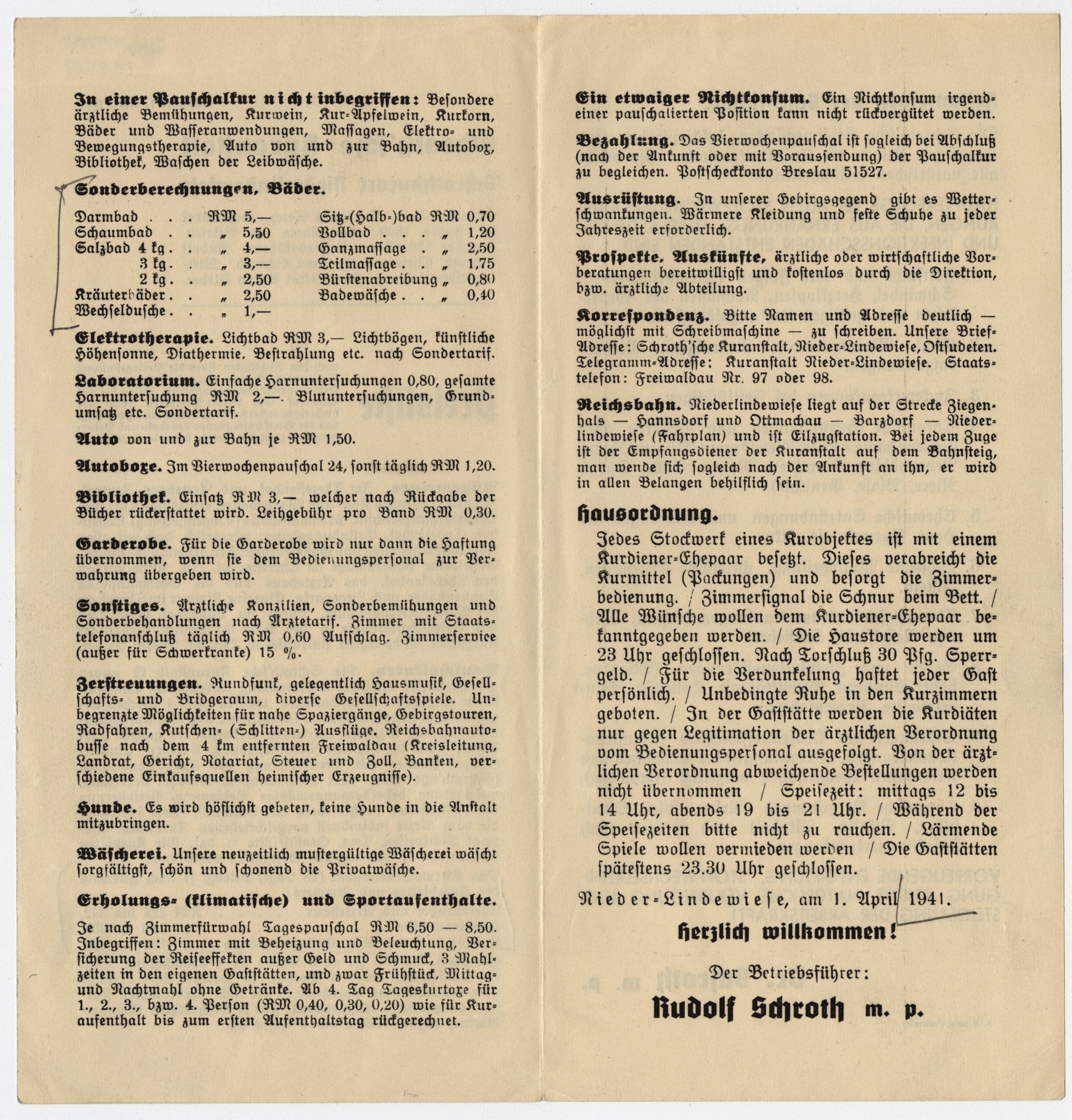 Náhledový obrázek Ceník lázeňských služeb v Dolní Lipové z r. 1941 (leták) - 2