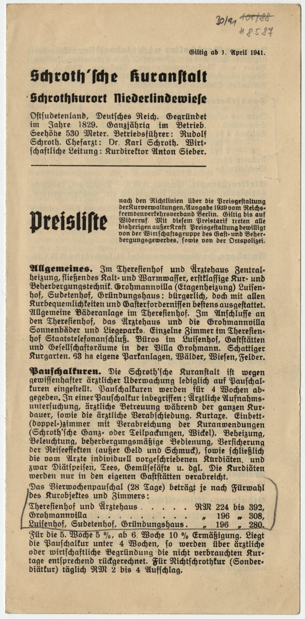 Náhledový obrázek předmětu Ceník lázeňských služeb v Dolní Lipové z r. 1941 (leták)