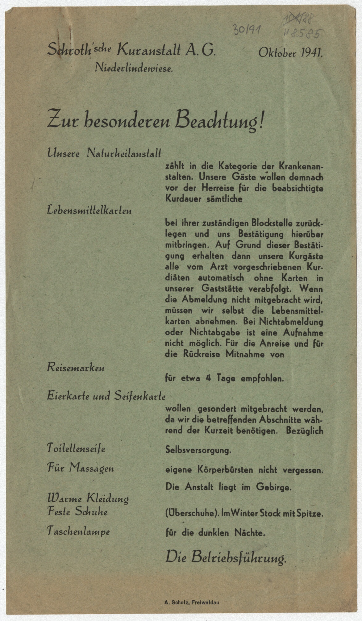 Náhledový obrázek Zvláštní upozornění pacientům lázní v Dolní Lipové z r. 1941 (leták) - 1