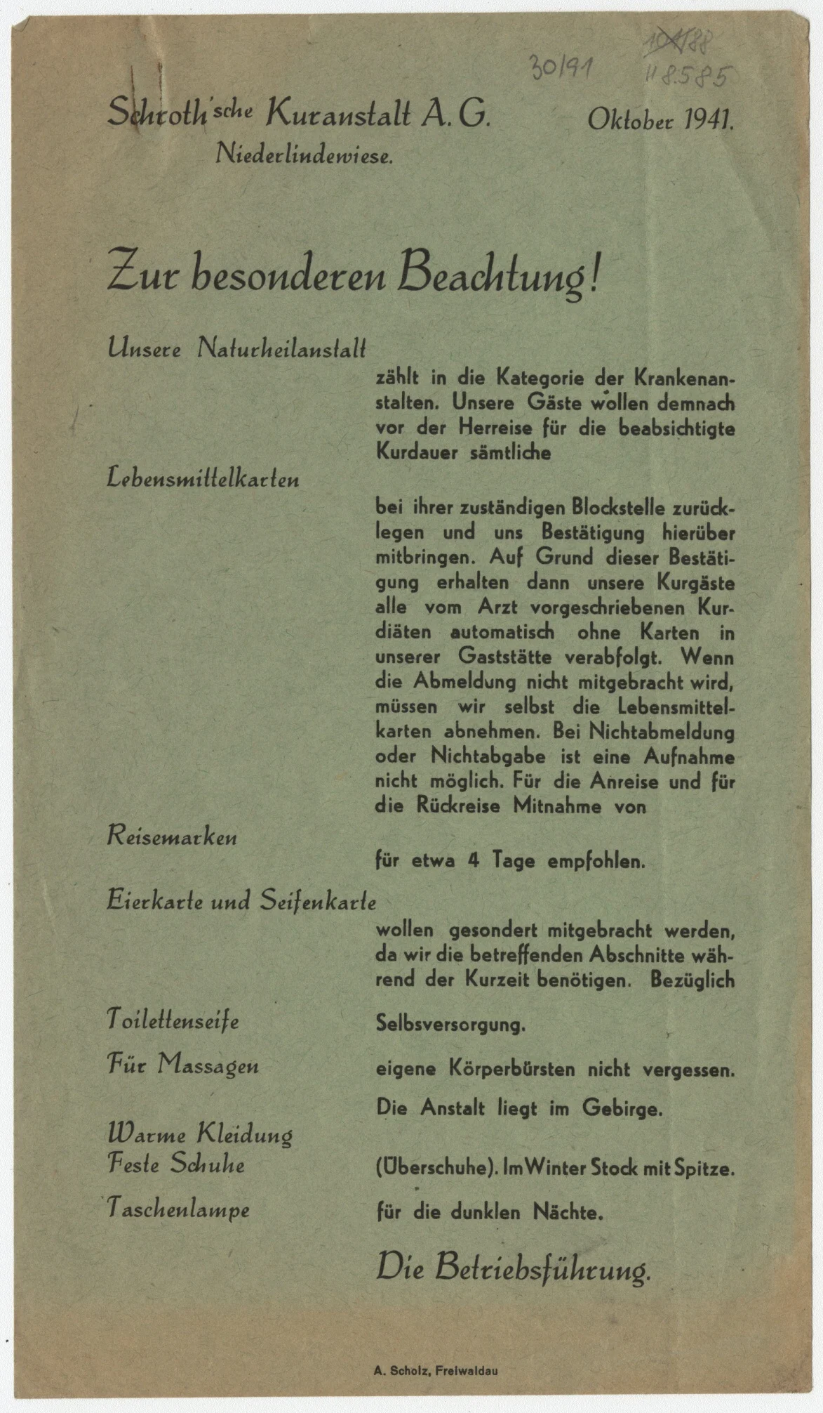 Náhledový obrázek předmětu Zvláštní upozornění pacientům lázní v Dolní Lipové z r. 1941 (leták)