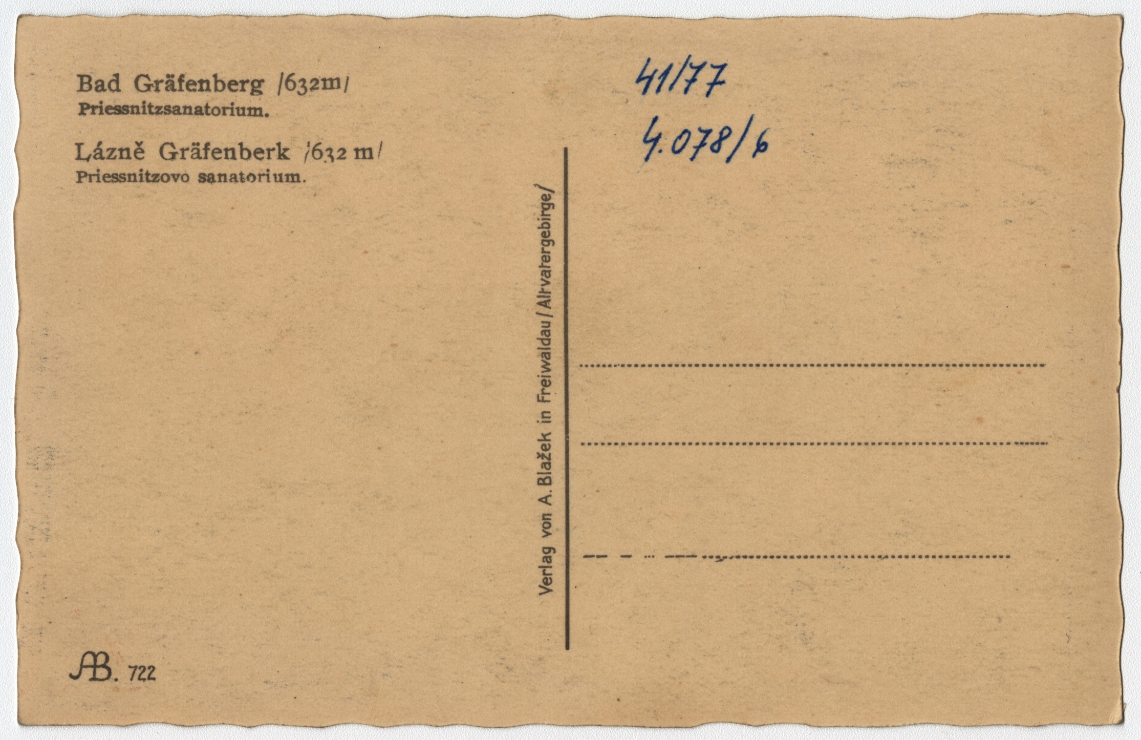 Náhledový obrázek Sanatorium Priessnitz v Lázních Jeseník (čb. pohlednice) - 2