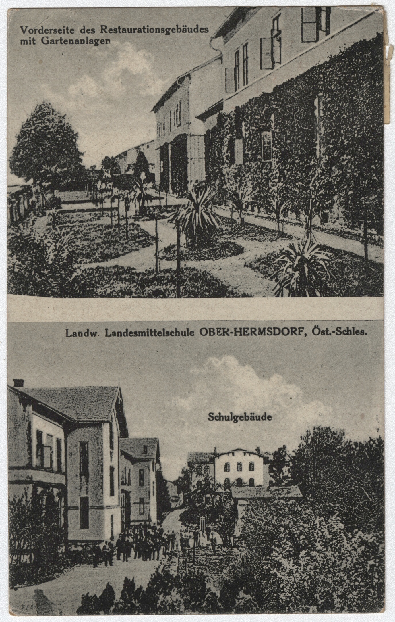 Náhledový obrázek Rolnická škola v Horních Heřmanicích (čb. pohlednice) - 1