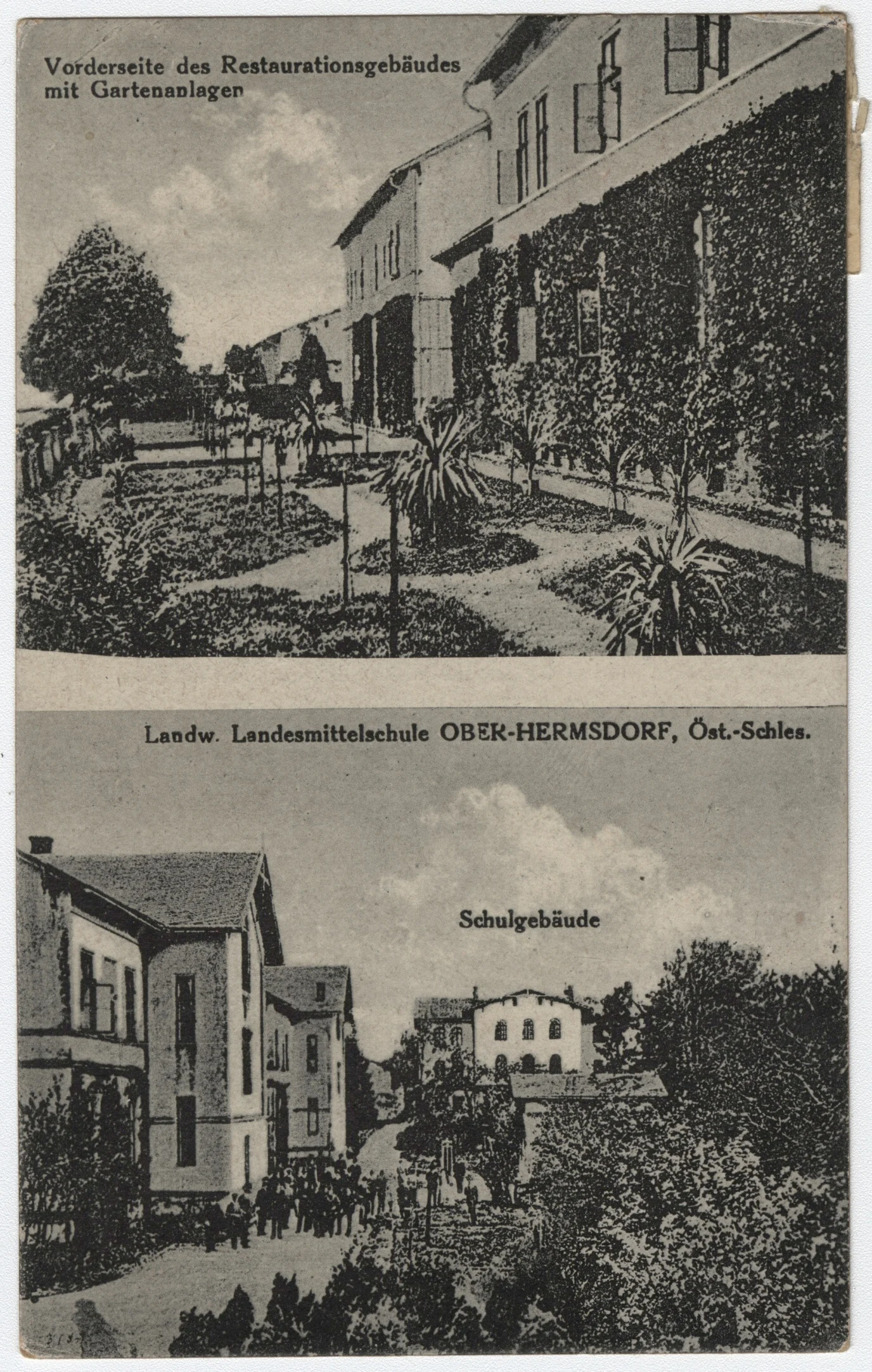 Náhledový obrázek předmětu Rolnická škola v Horních Heřmanicích (čb. pohlednice)