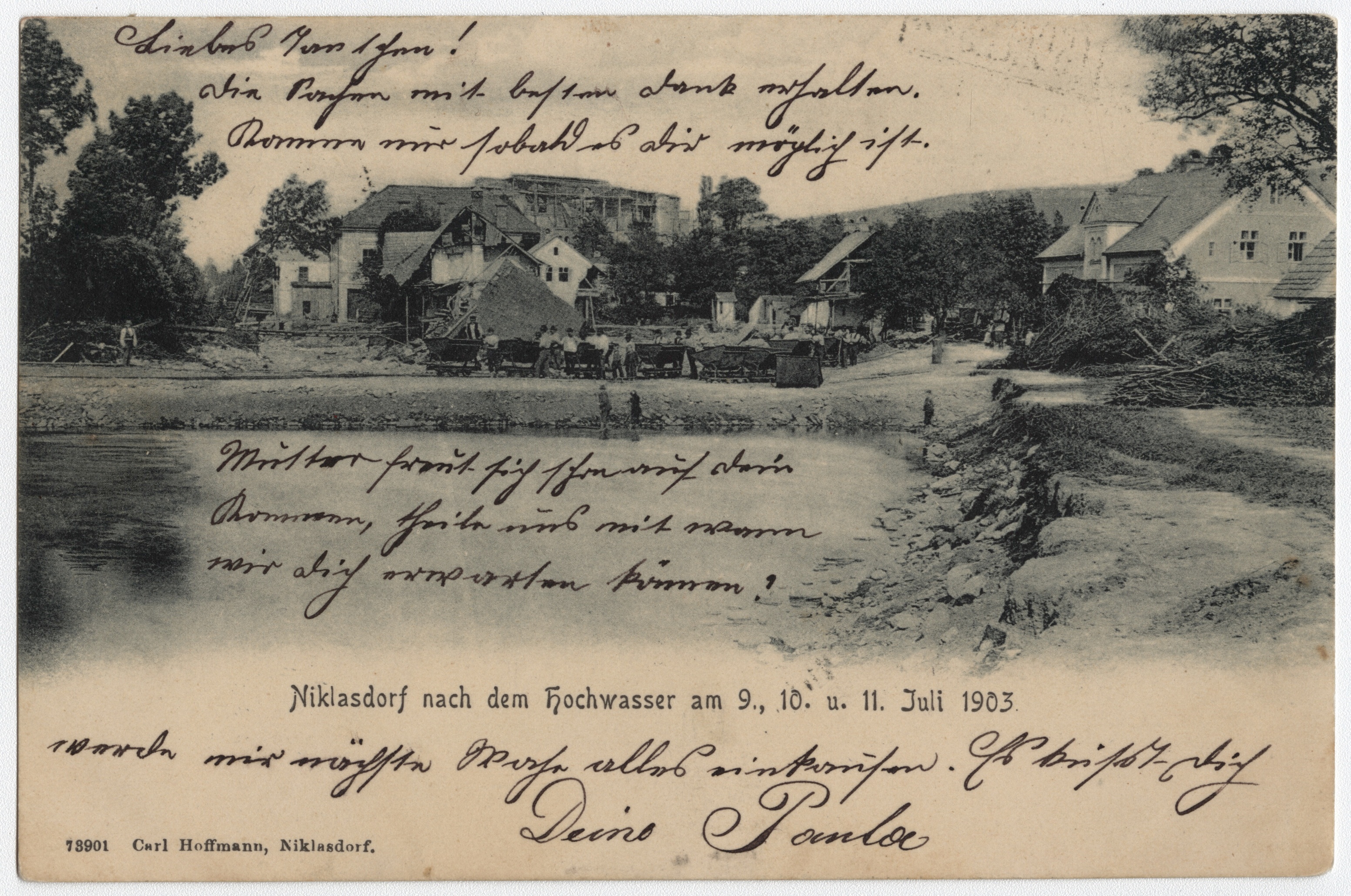 Náhledový obrázek Následky povodně r. 1903 v Mikulovicích (čb. pohlednice) - 1