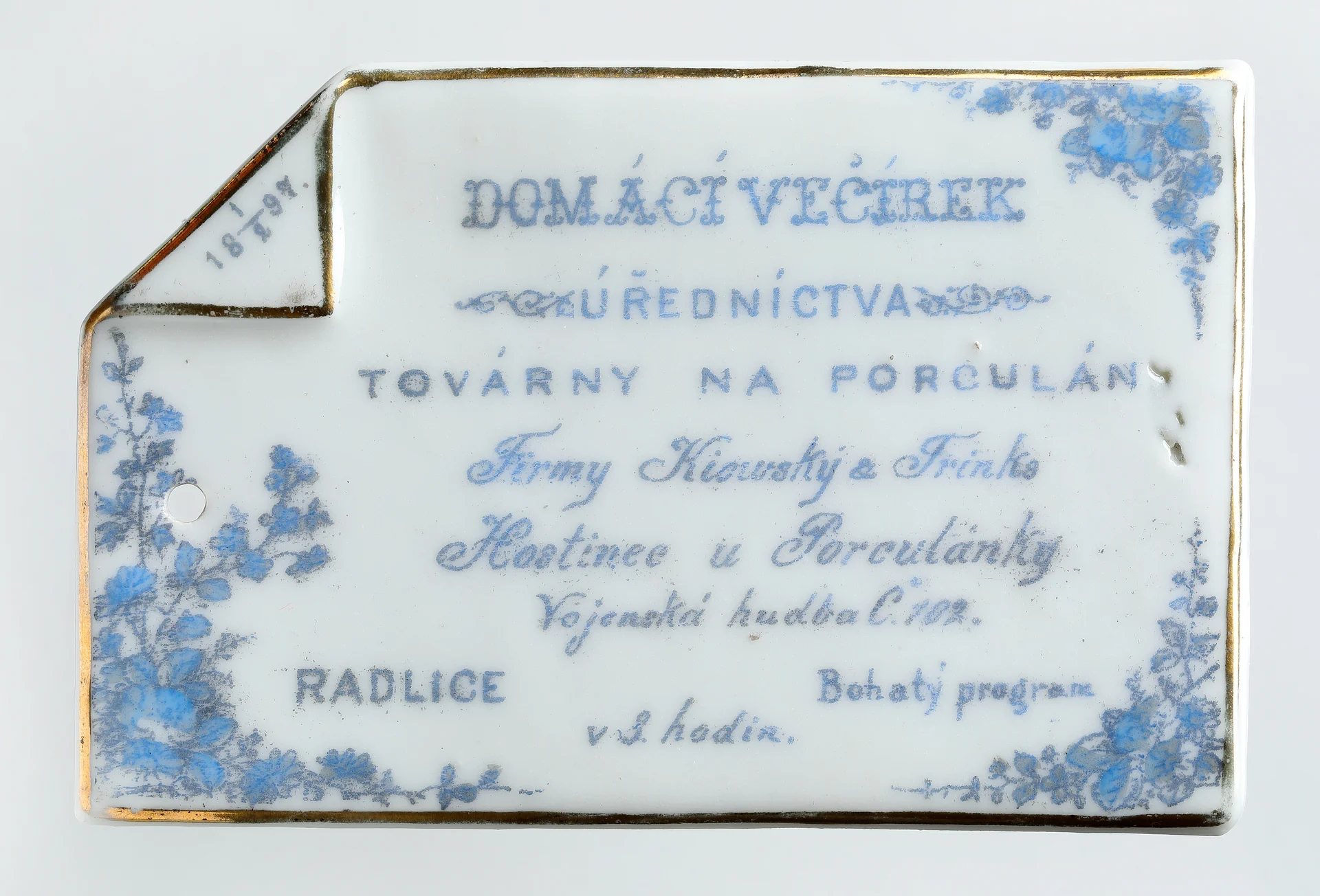 Náhledový obrázek předmětu Visačka na Domácí večírek úřednictva továrny na porcelán firmy Kiowský & Trinks