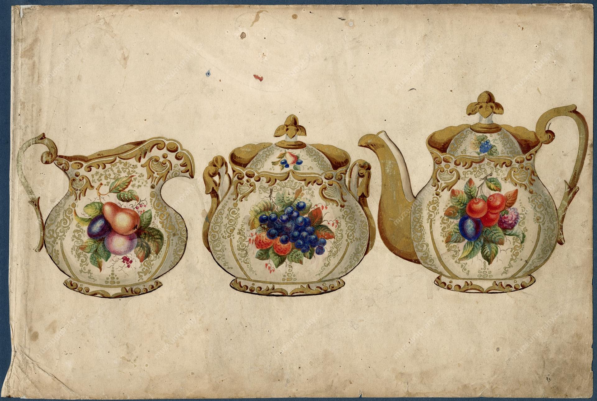 Náhledový obrázek předmětu List ze vzorníku smíchovské porcelánky (mlékovka, cukřenka a kávová konvice)