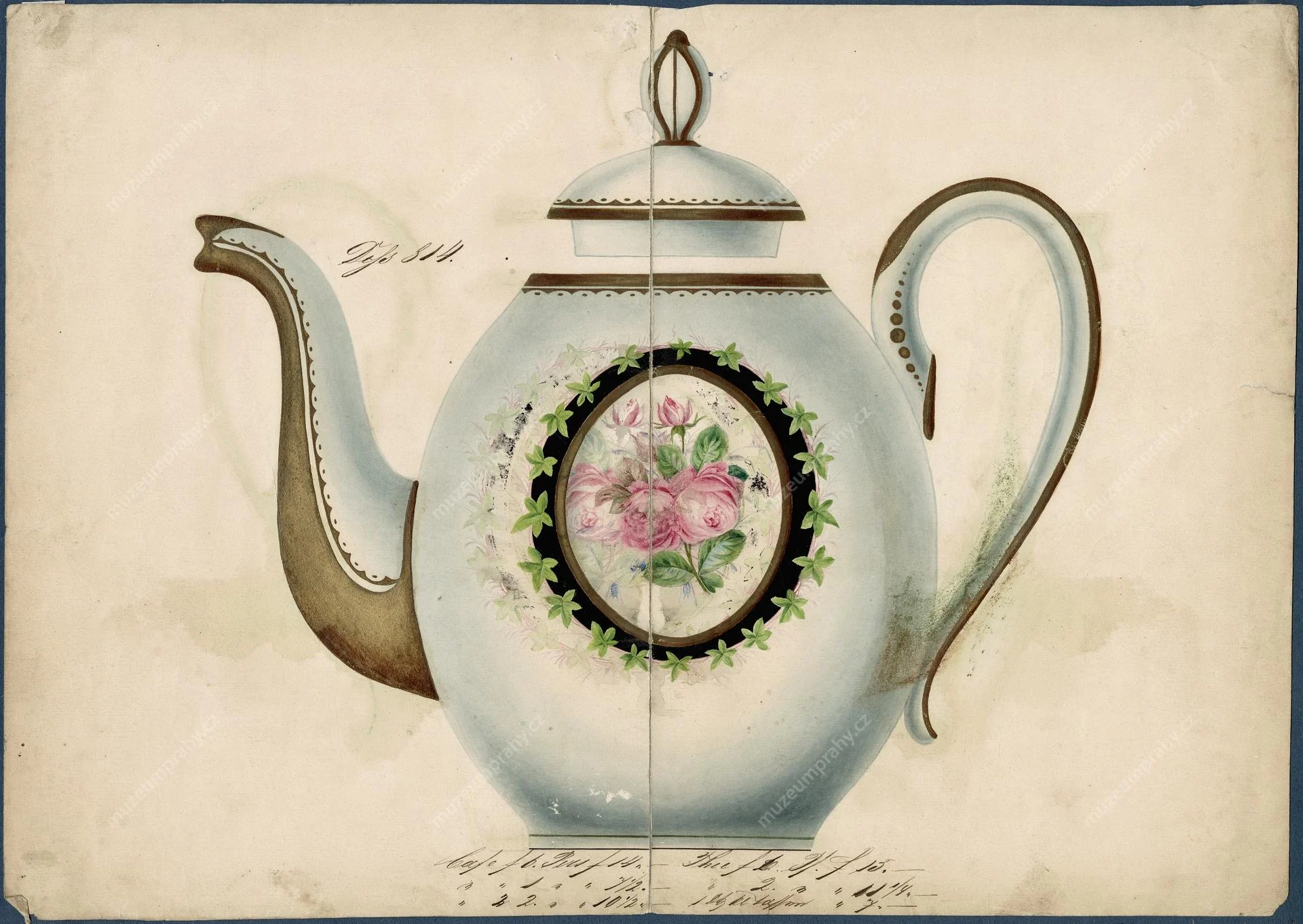 Náhledový obrázek předmětu List ze vzorníku smíchovské porcelánky - kávová konvice