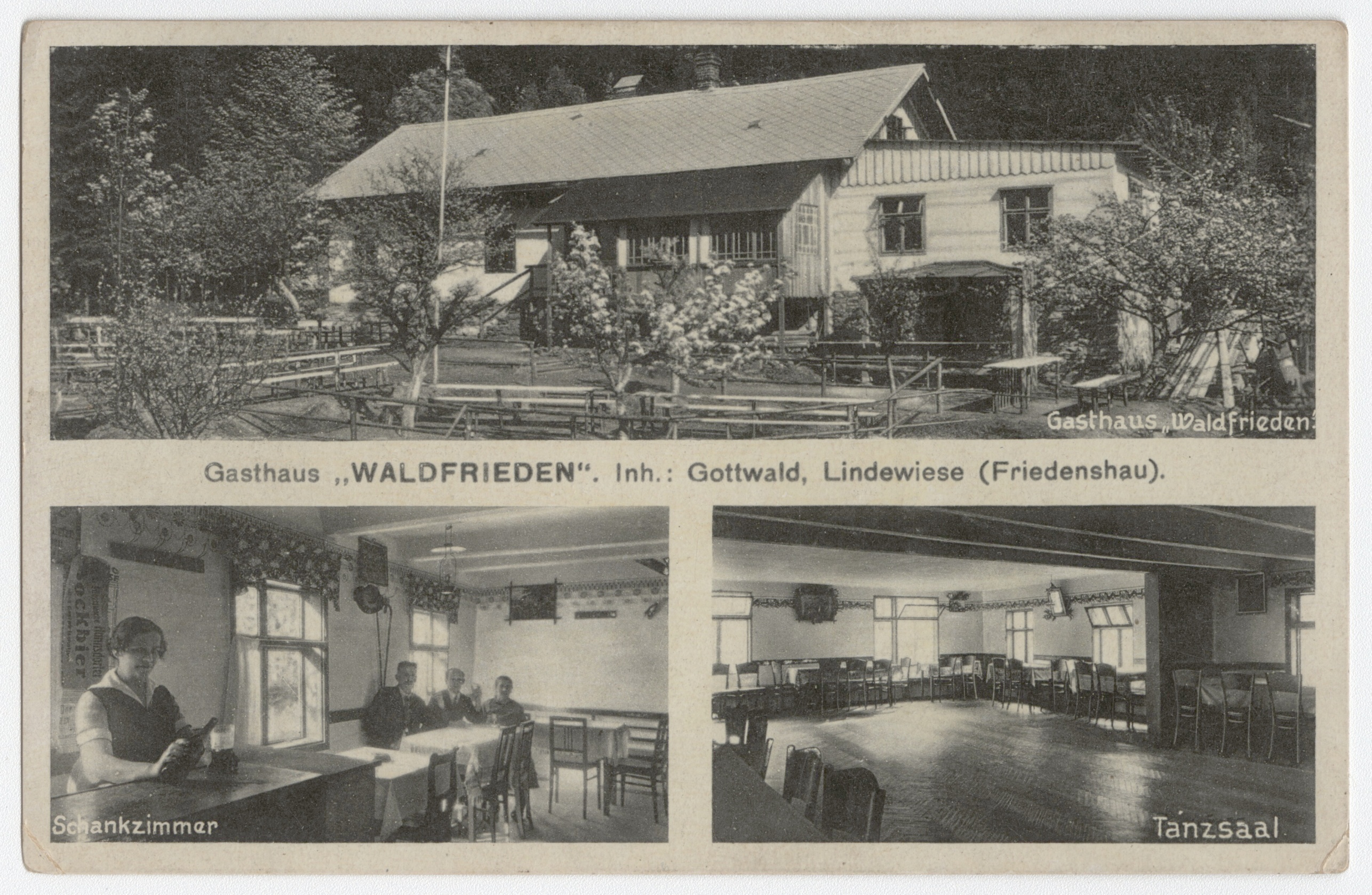 Náhledový obrázek Restaurace Waldfrieden u zaniklé osady Miroslav (čb. pohlednice) - 1