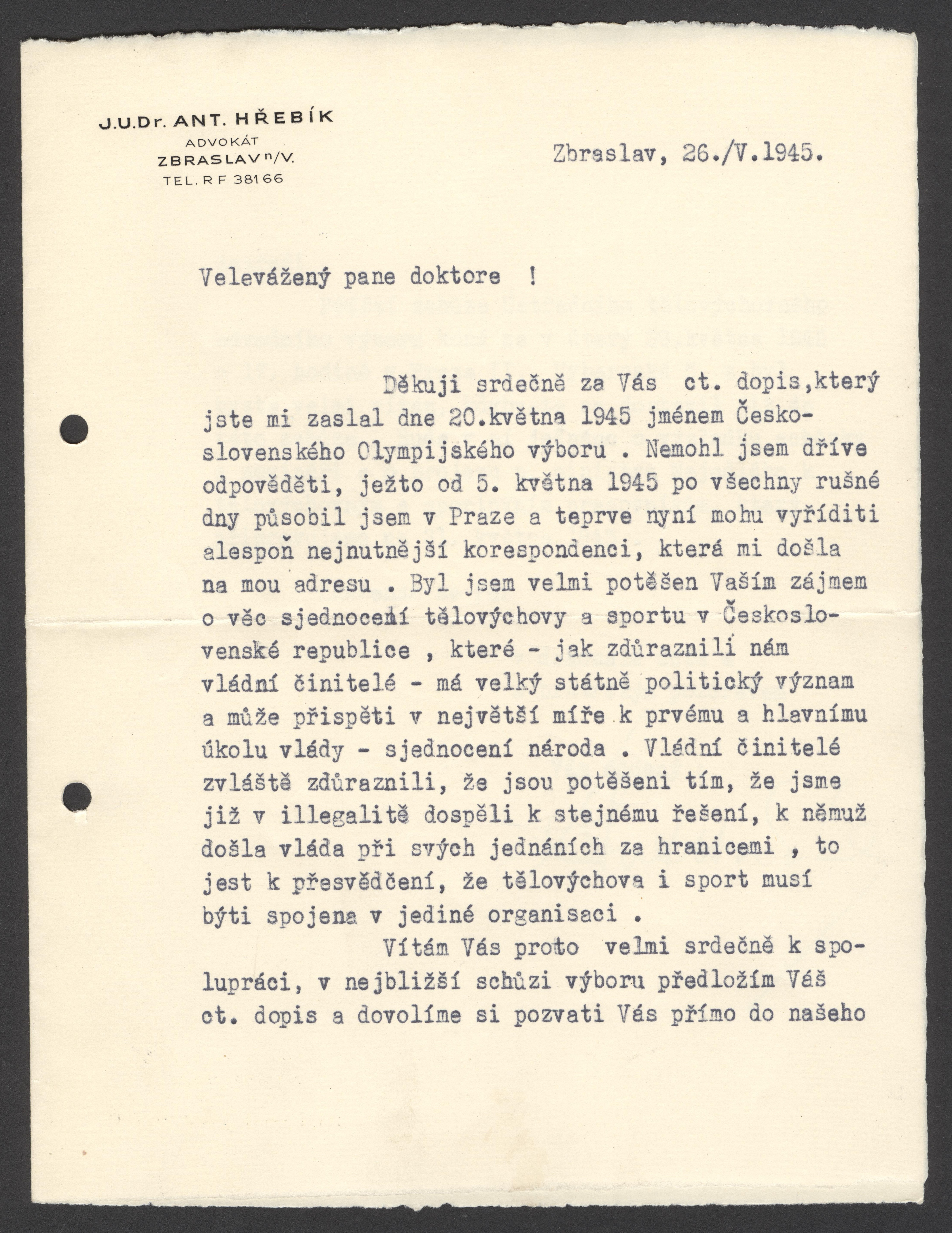 Náhledový obrázek Dopis Antonína Hřebíka Josefu Grussovi - 1