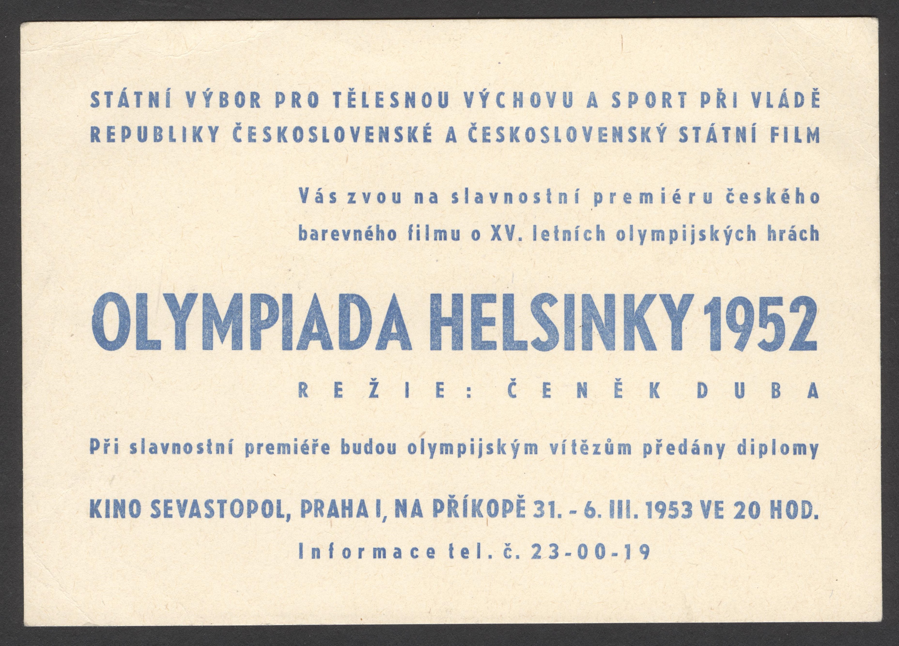 Náhledový obrázek Pozvánka na slavnostní premiéru filmu o olympijských hrách v Helsinkách - 1