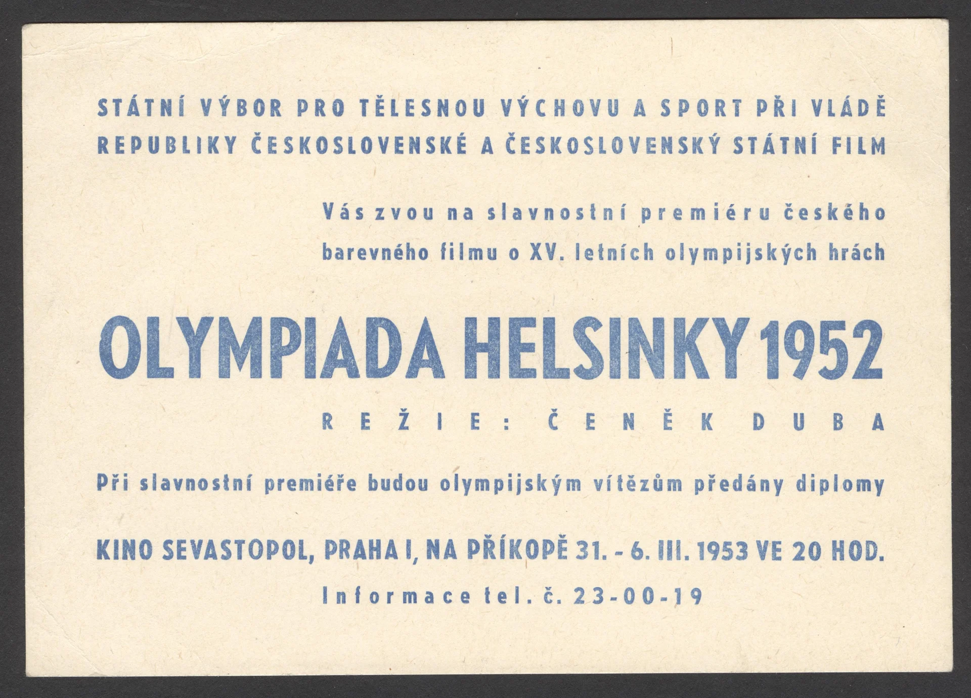 Náhledový obrázek předmětu Pozvánka na slavnostní premiéru filmu o olympijských hrách v Helsinkách