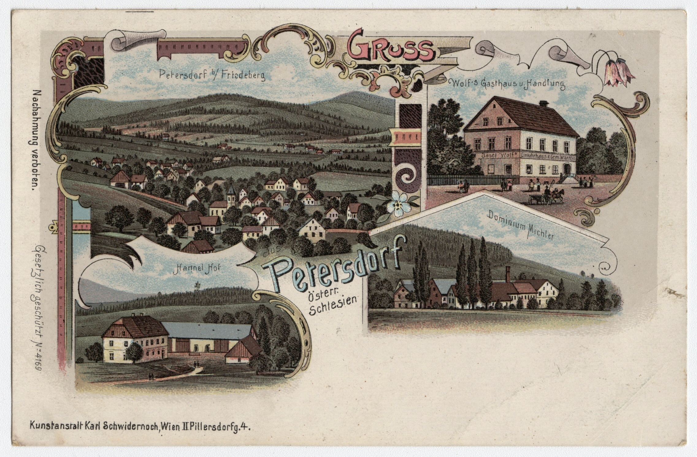 Náhledový obrázek Osada Petrovice na Javornicku (litografická pohlednice) - 1