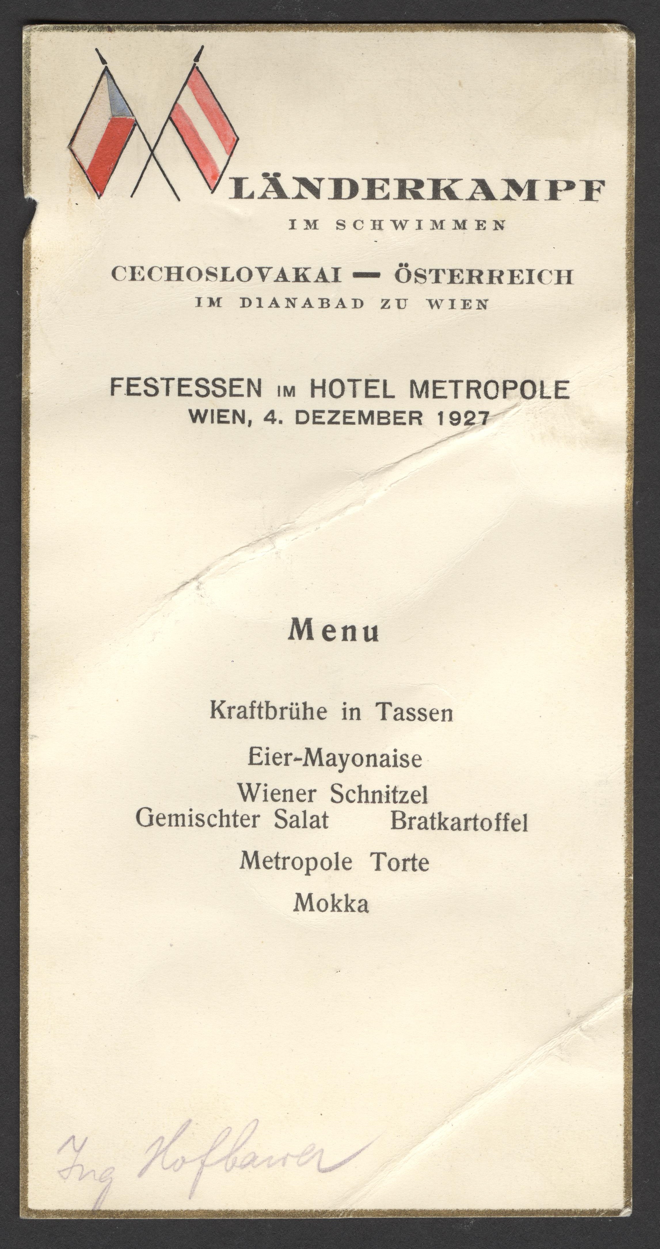Náhledový obrázek Menu banketu u příležitosti mezinárodních plaveckých závodů ve Vídni - 1