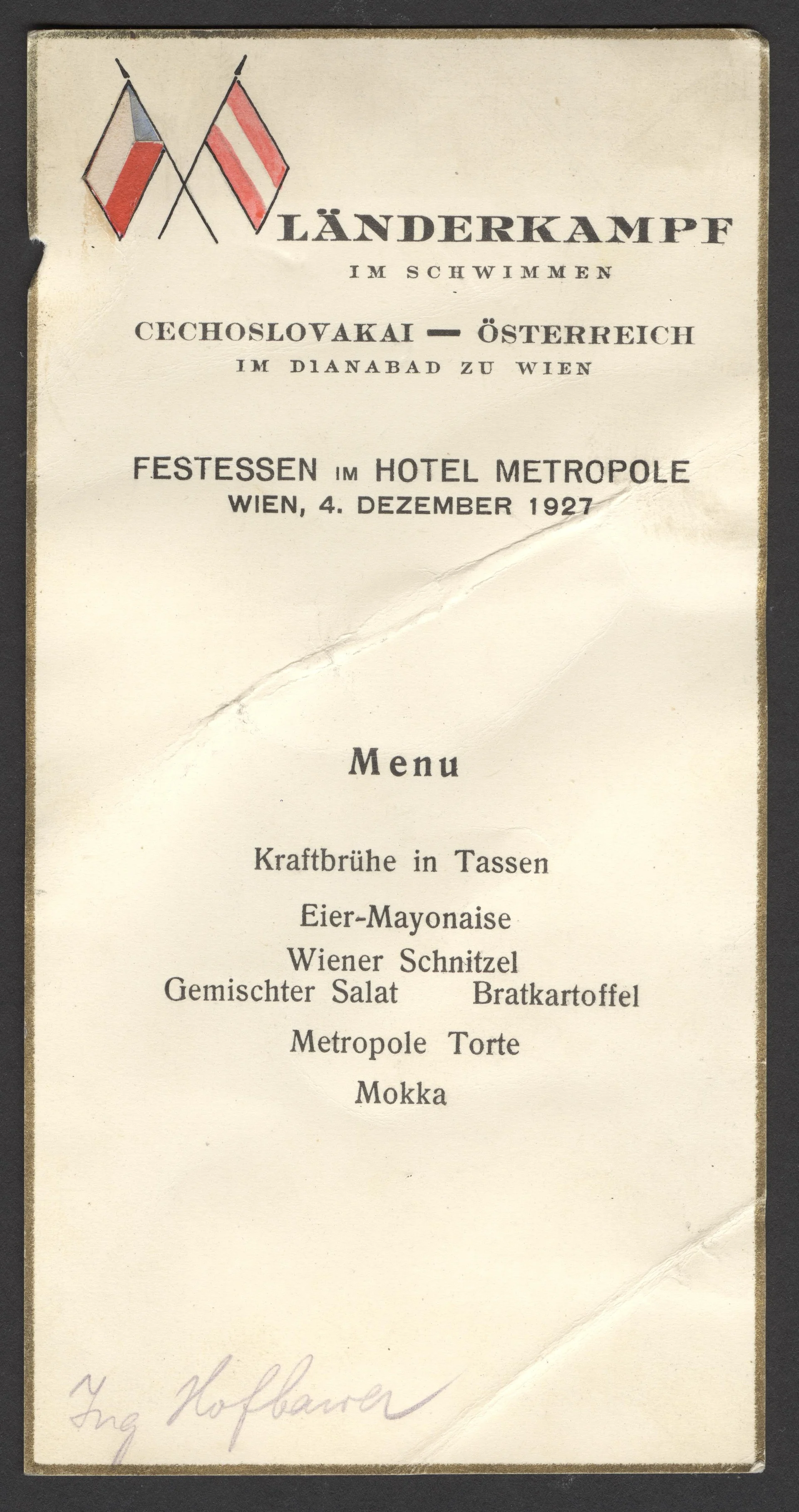 Náhledový obrázek předmětu Menu banketu u příležitosti mezinárodních plaveckých závodů ve Vídni