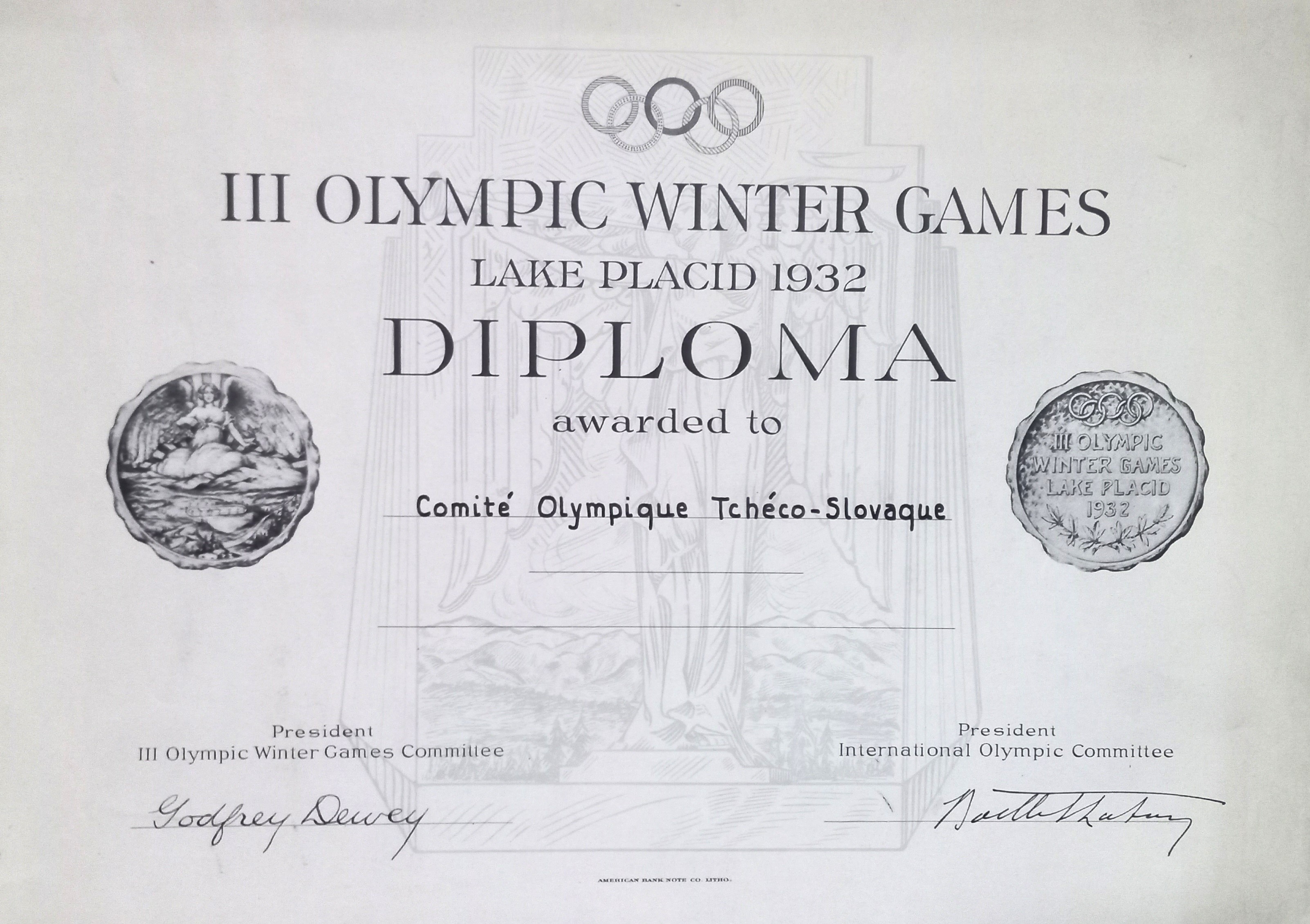Náhledový obrázek Olympijský diplom pro ČOV. ZOH Lake Placid 1932 - 1