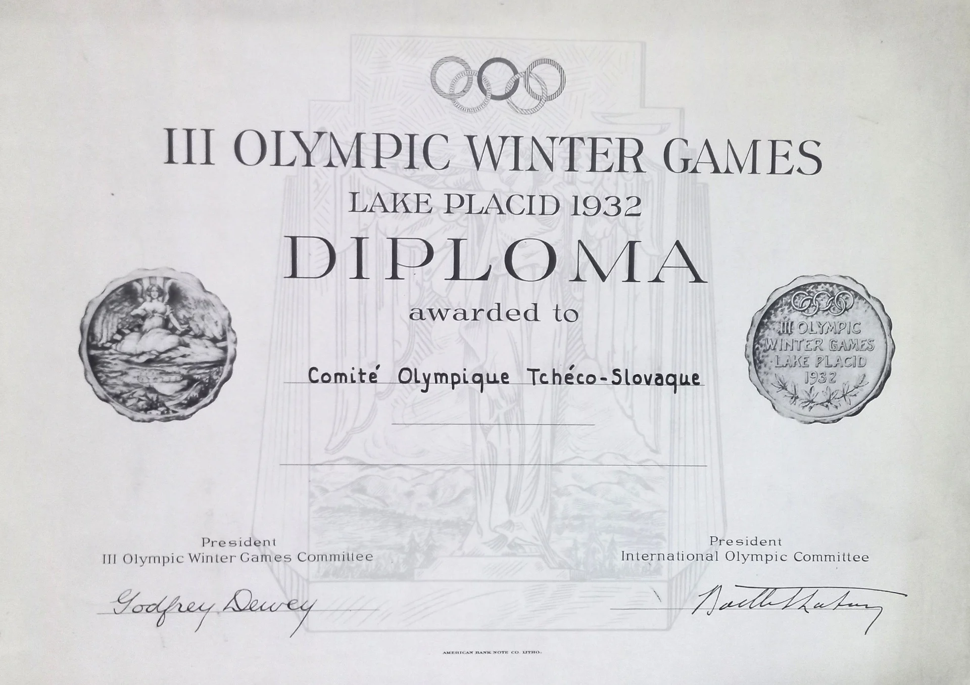 Náhledový obrázek předmětu Olympijský diplom pro ČOV. ZOH Lake Placid 1932