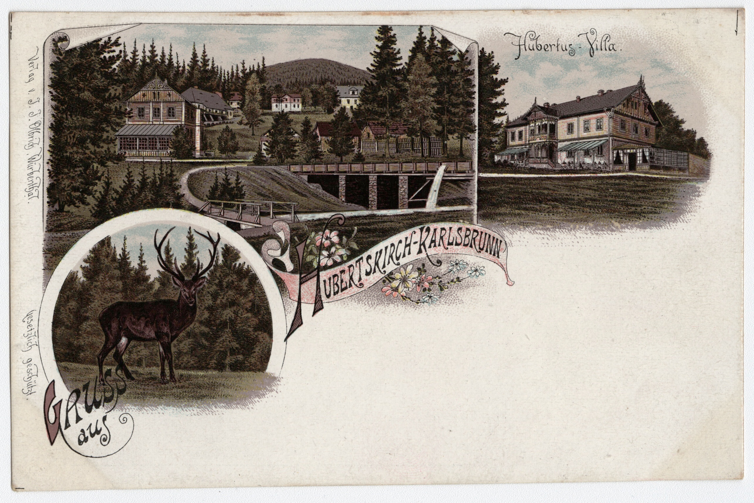 Náhledový obrázek Hubertov u Karlovy Studánky (litografická kolorovaná pohlednice) - 1