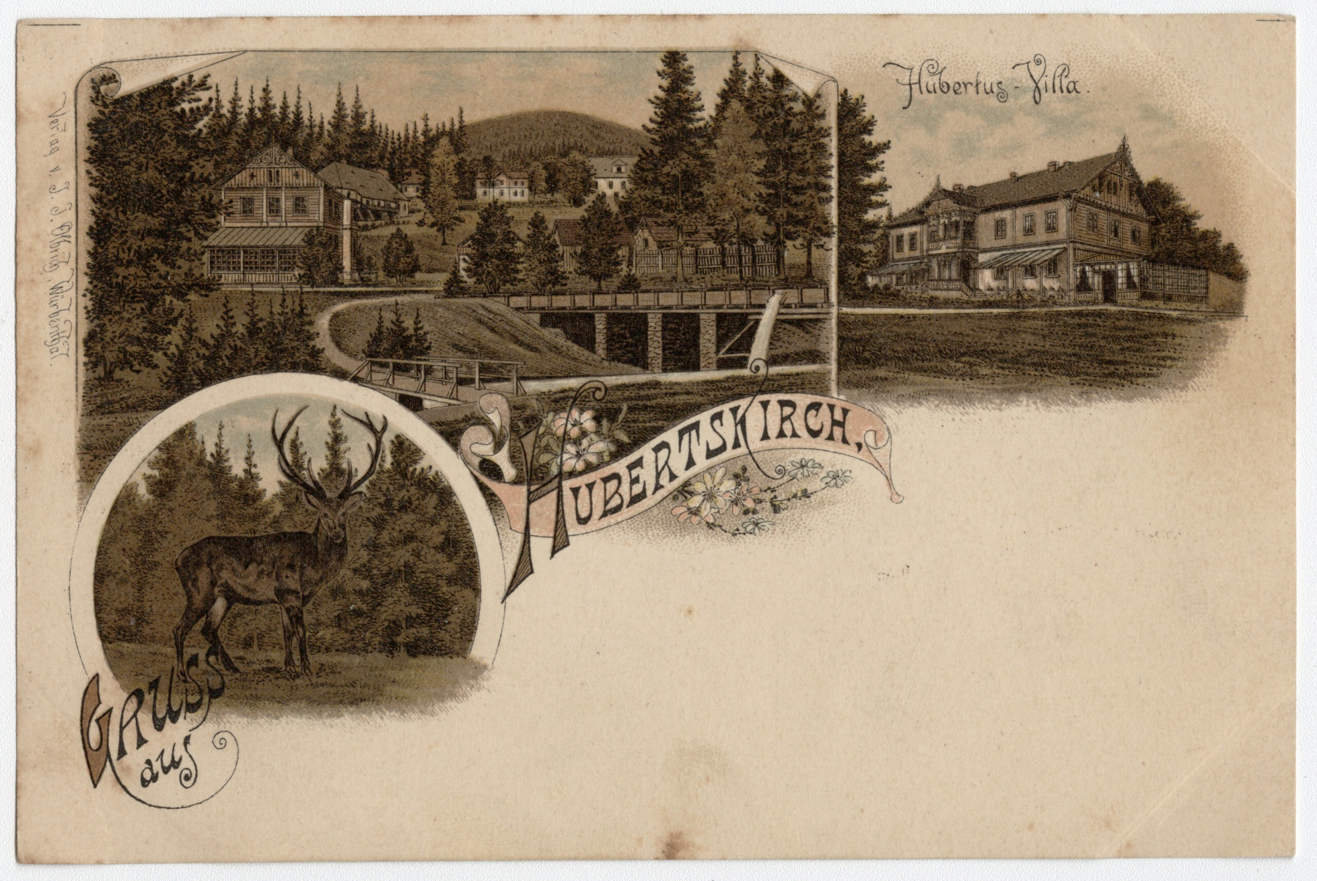 Náhledový obrázek Hubertov u Karlovy Studánky (litografická kolorovaná pohlednice) - 1