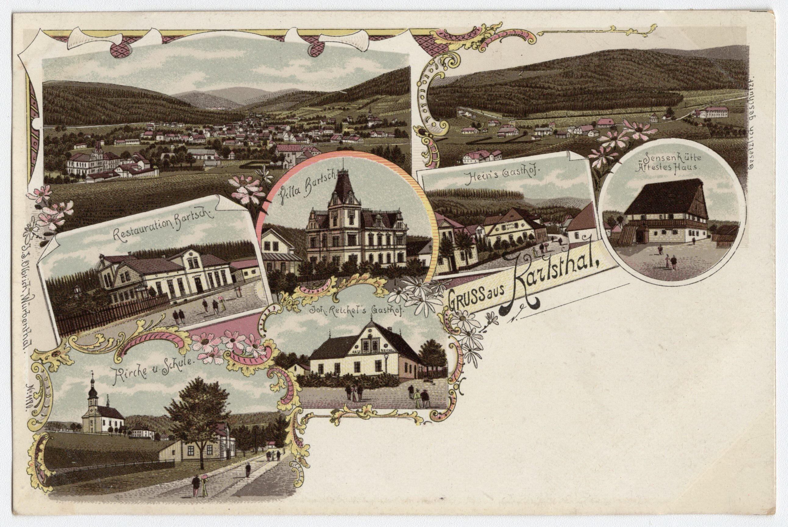 Náhledový obrázek Karlovice (litografická kolorovaná pohlednice) - 1