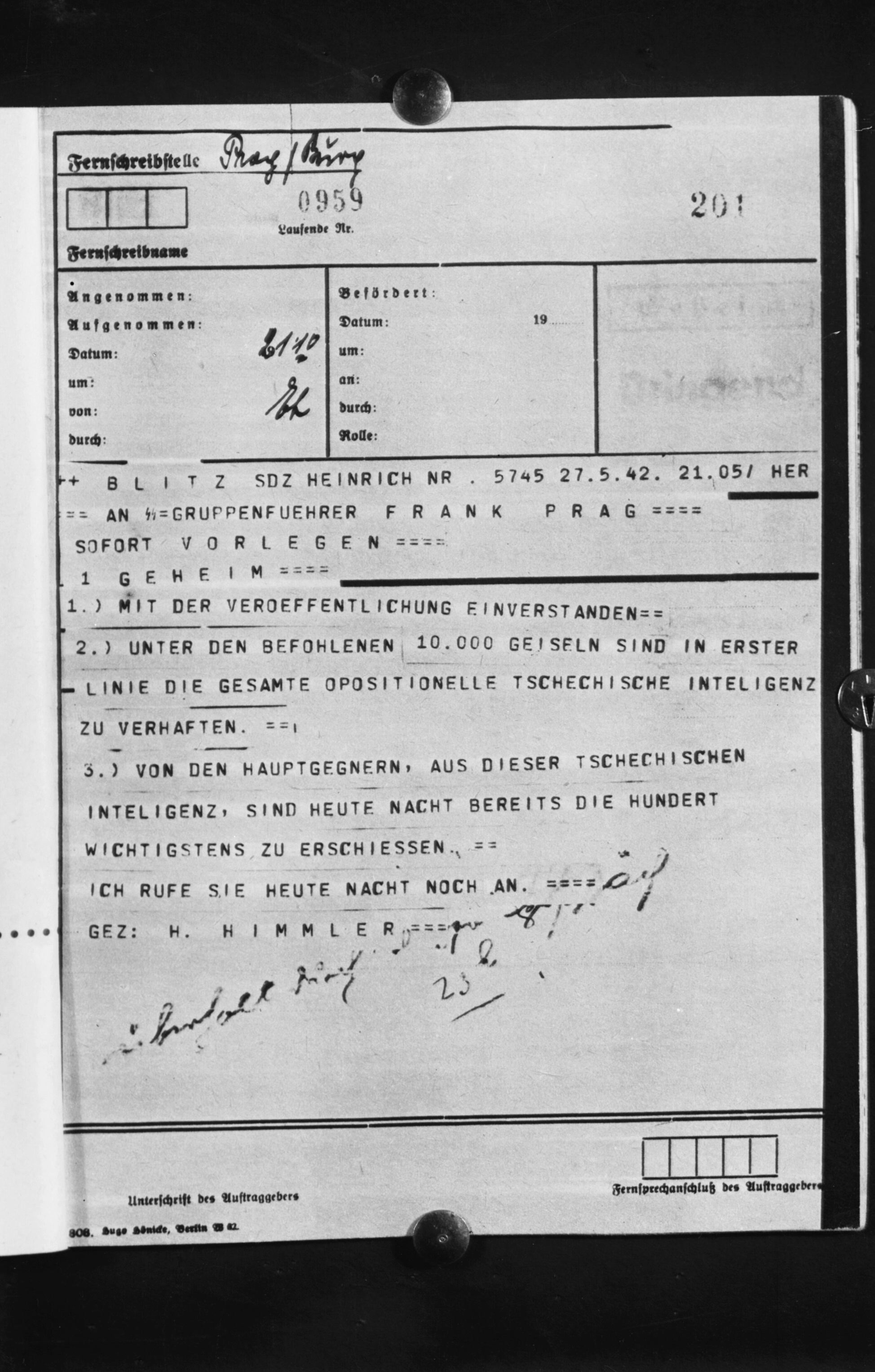 Náhledový obrázek Himmlerův rozkaz k popravě české inteligence (skleněný negativ) - 1