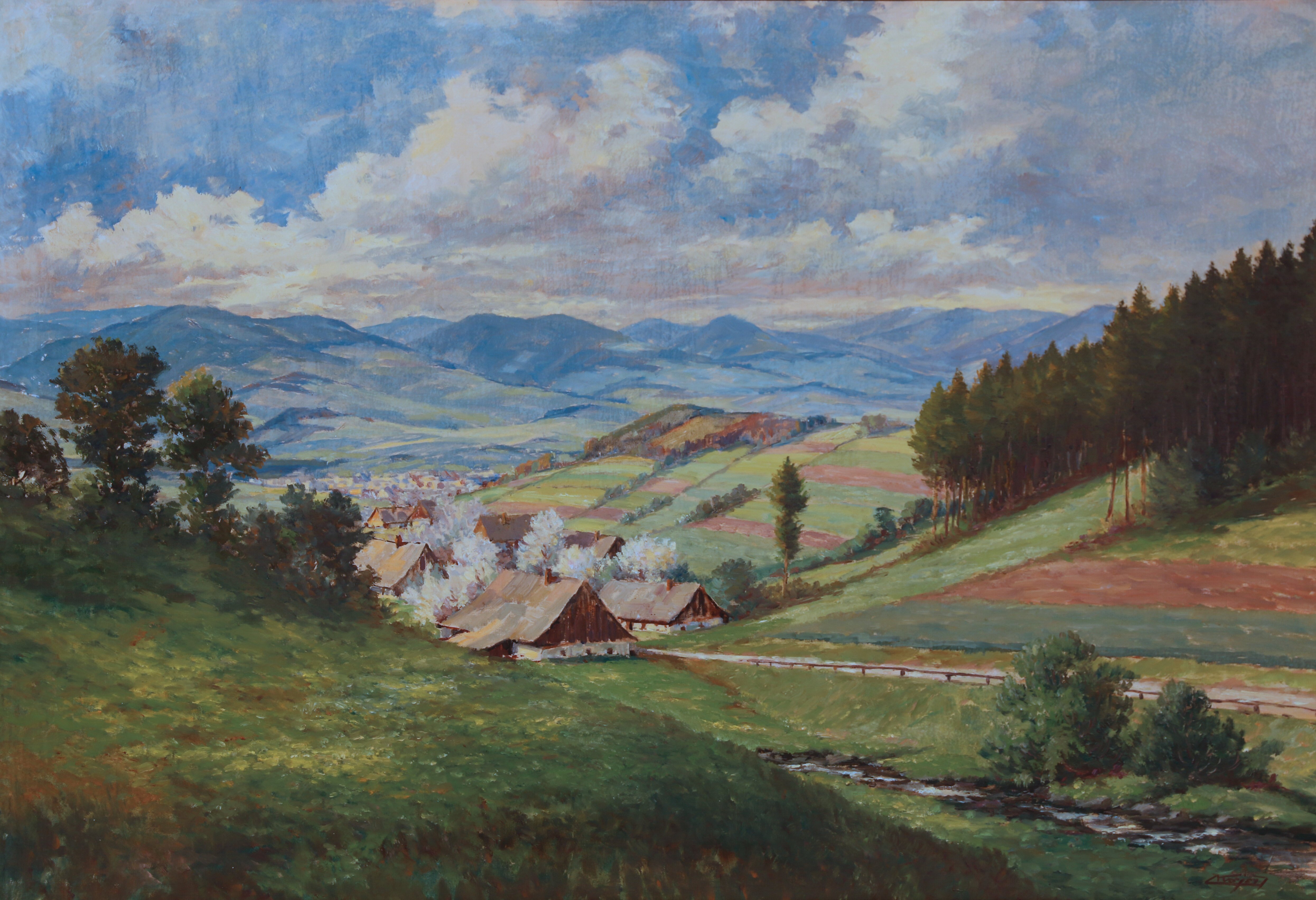 Náhledový obrázek J. Krejčí: Jarní krajina s domy a potokem (1949) - 1
