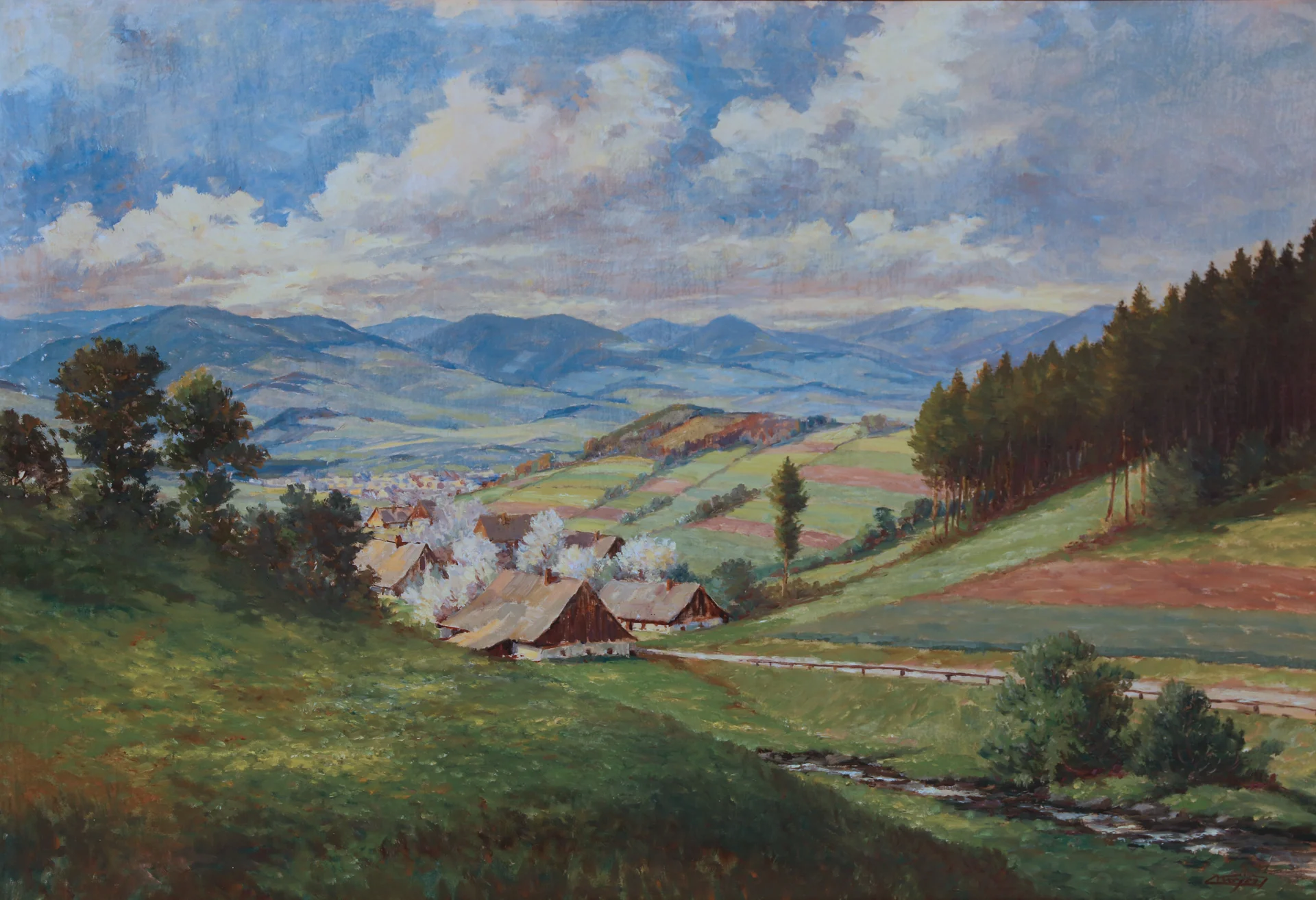 Náhledový obrázek předmětu J. Krejčí: Jarní krajina s domy a potokem (1949)