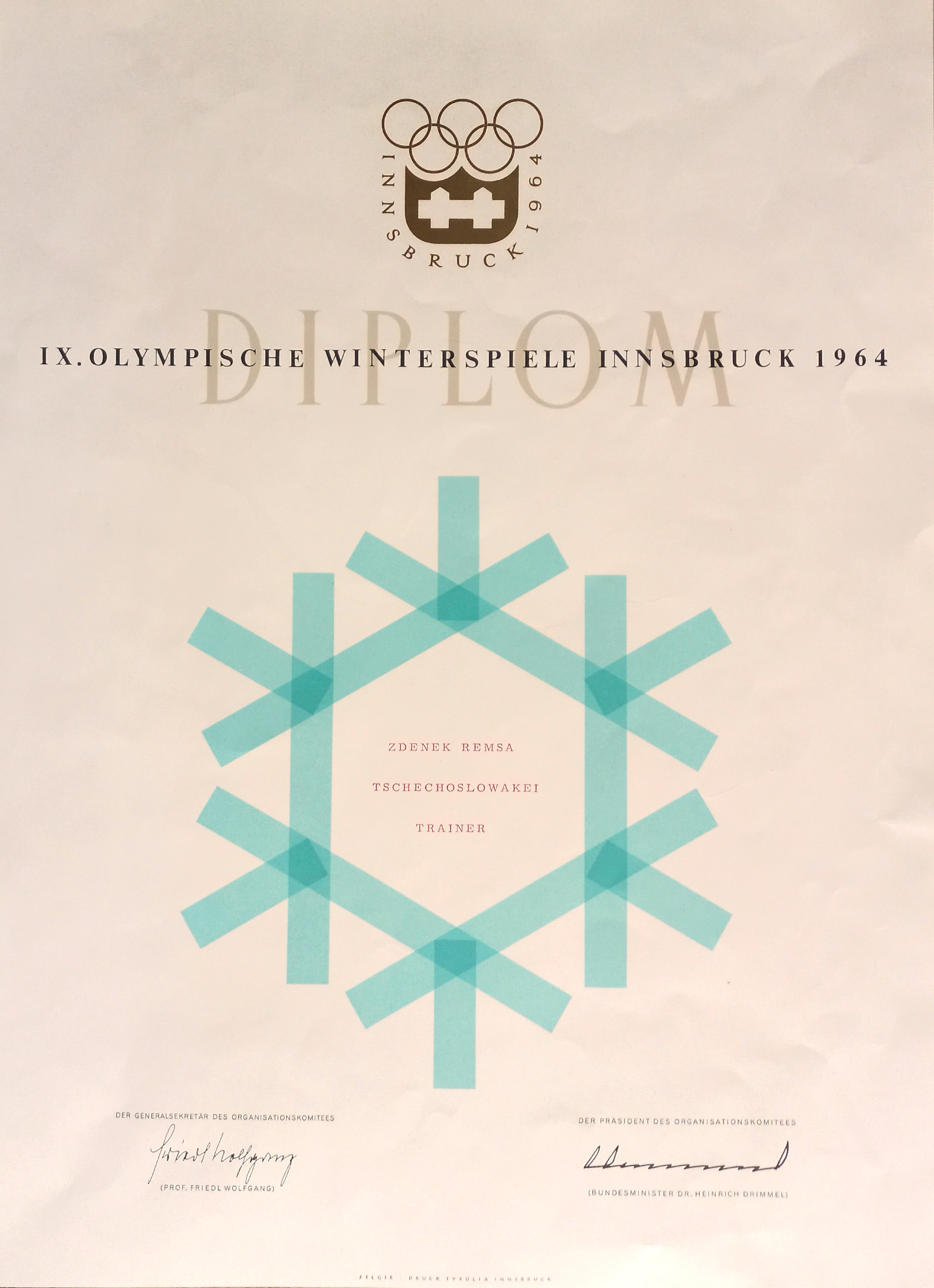 Náhledový obrázek Olympijský diplom pro Zdeňka Remsu. ZOH Innsbruck 1964 - 1