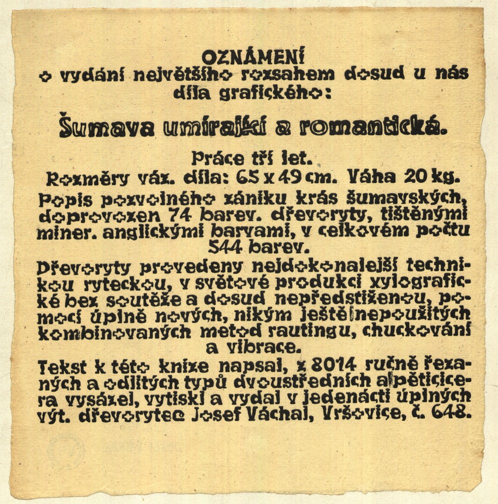 Náhledový obrázek Reklamní prospekt Josefa Váchala na knihu Šumava umírající a romantická - 1