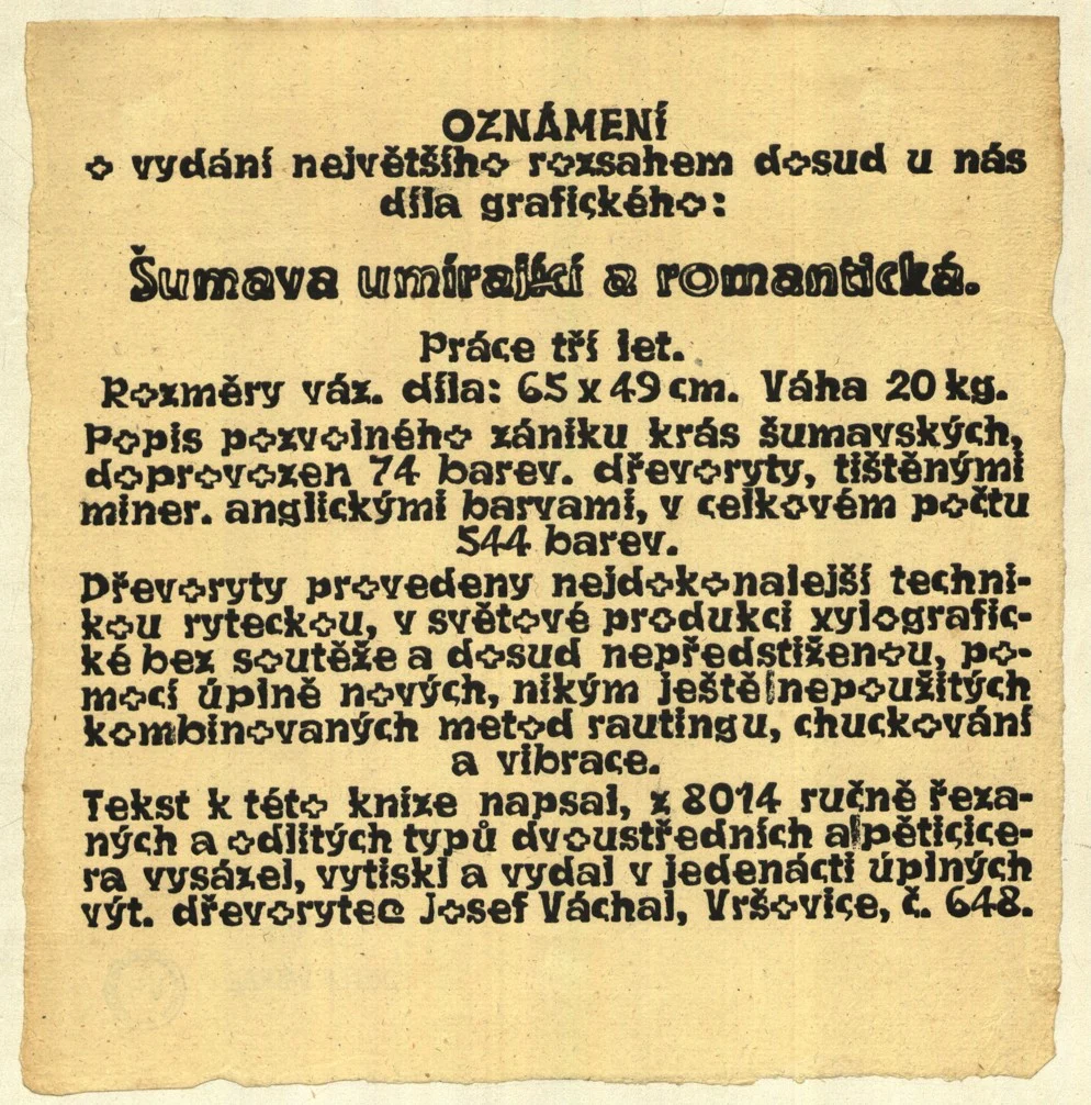 Náhledový obrázek předmětu Reklamní prospekt Josefa Váchala na knihu Šumava umírající a romantická