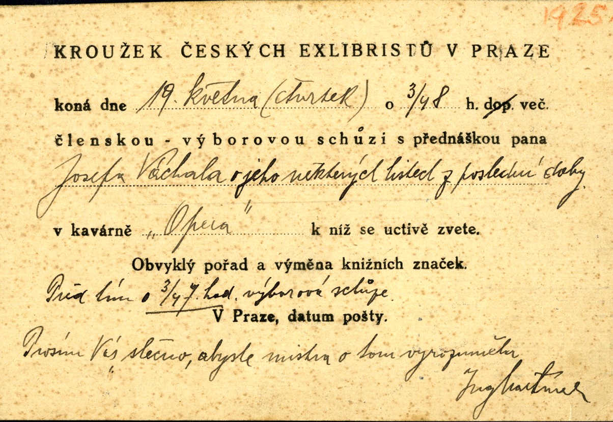 Náhledový obrázek Pozvání Kroužku českých exlibristů v Praze na členskou schůzi s přednáškou J. Váchala - 1