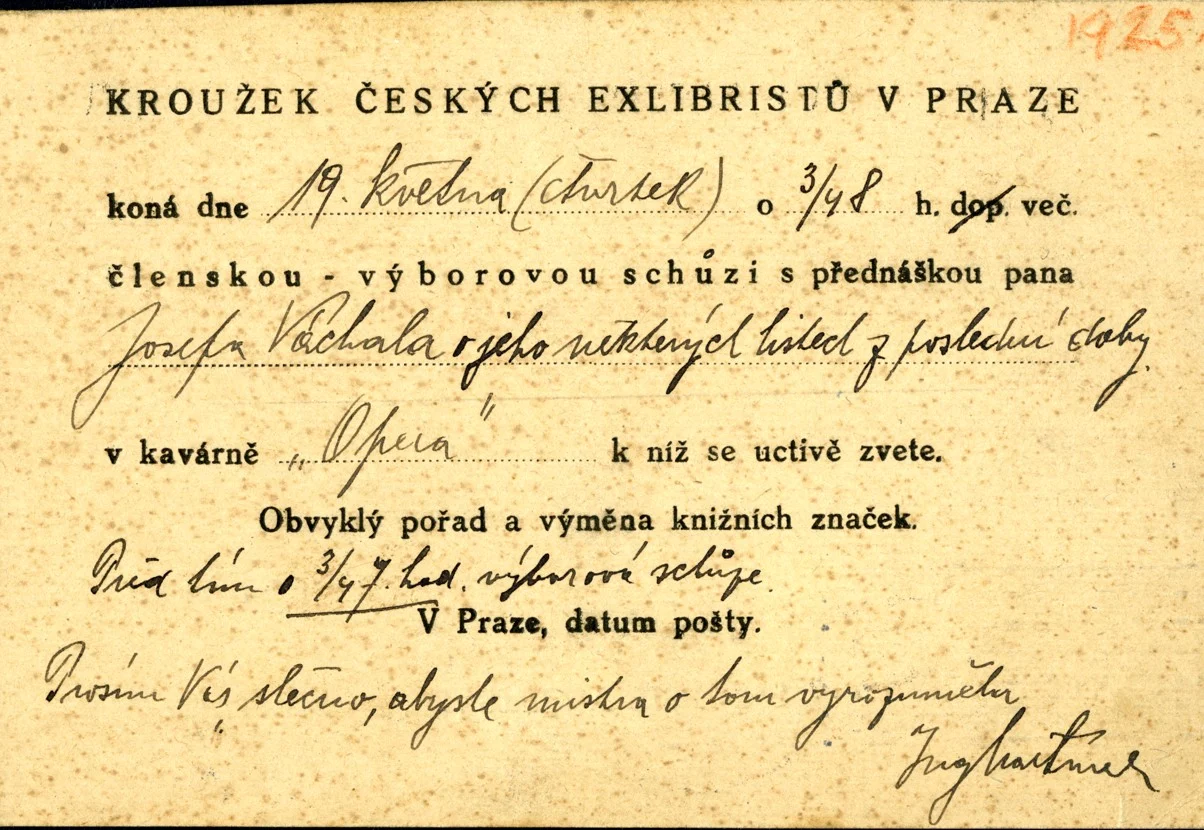 Náhledový obrázek předmětu Pozvání Kroužku českých exlibristů v Praze na členskou schůzi s přednáškou J. Váchala