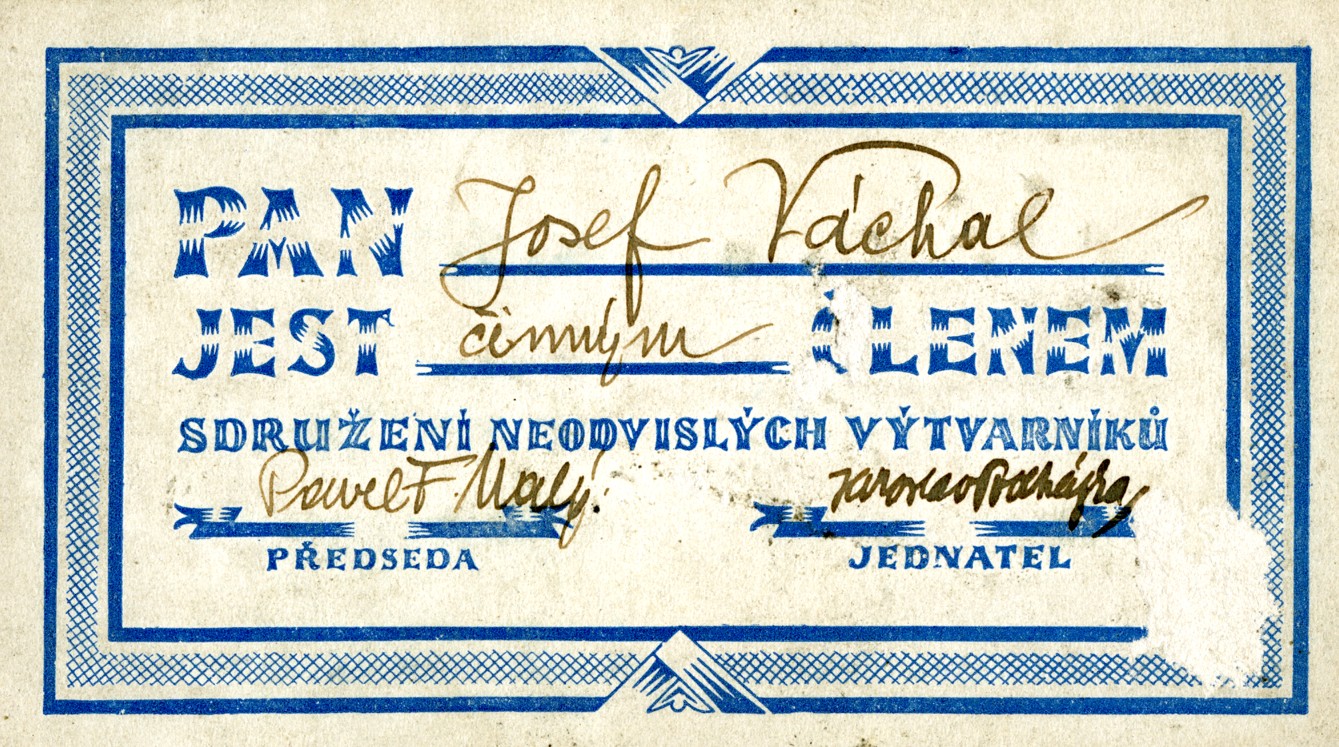 Náhledový obrázek Členská legitimace Josefa Váchala - Sdružení neodvislých výtvarníků - 1