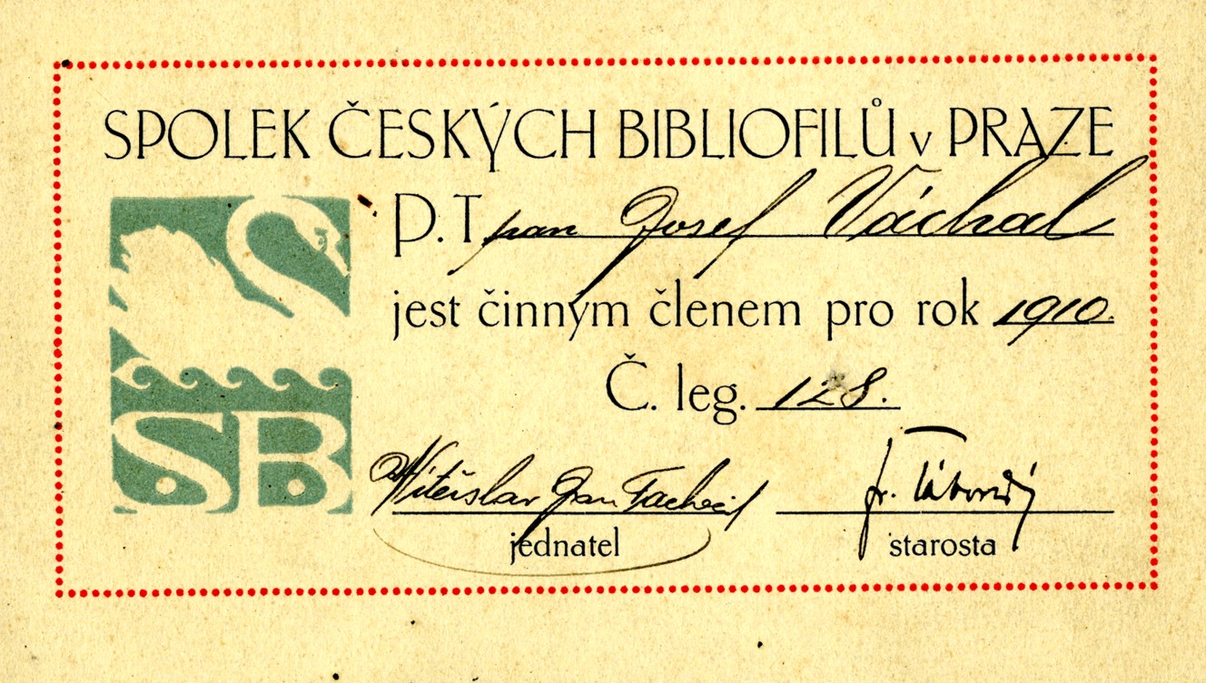 Náhledový obrázek Členská legitimace Josefa Váchala - Spolek českých bibliofilů - 1