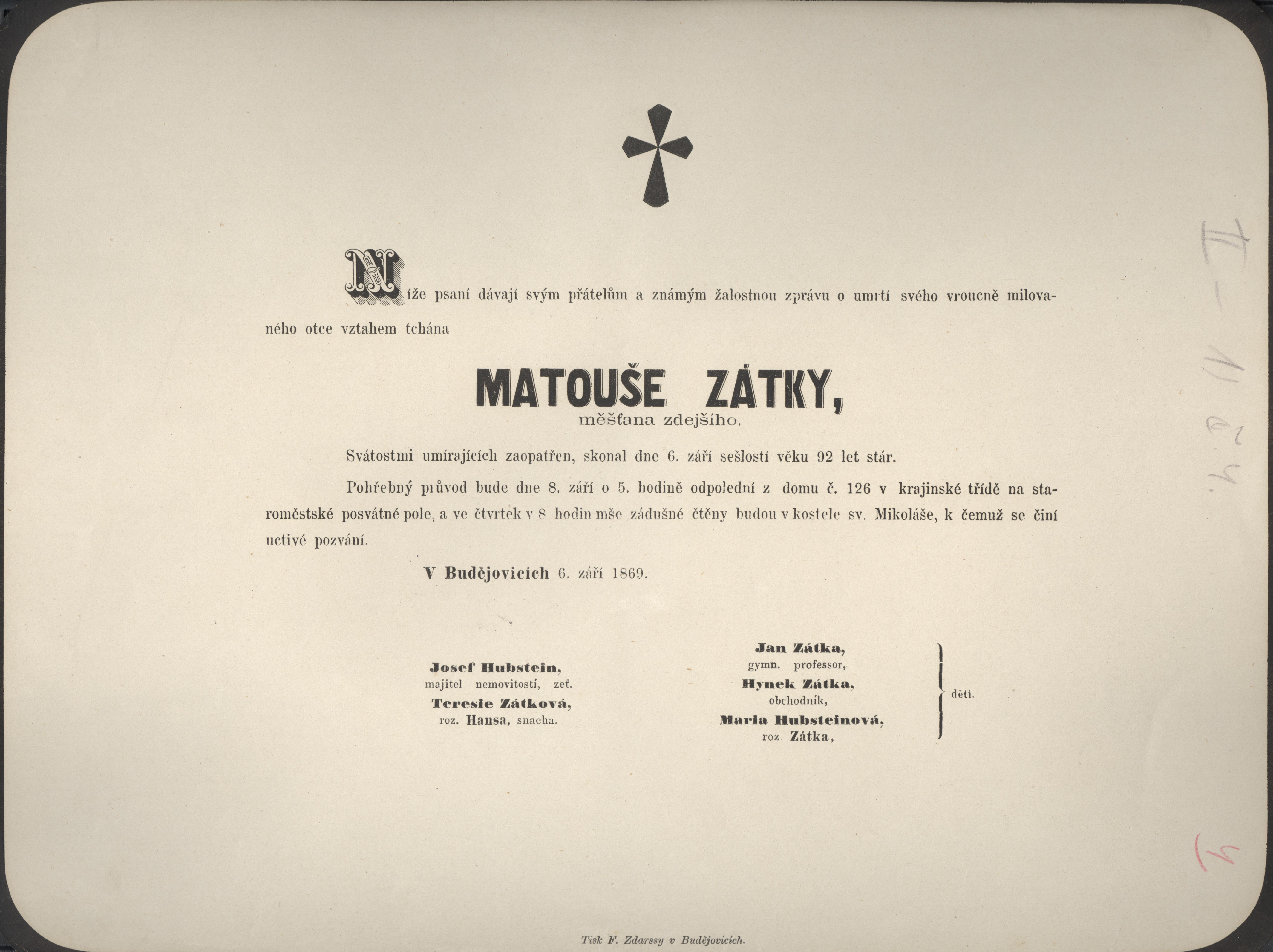 Náhledový obrázek Úmrtní oznámení Matouše Zátky - 1