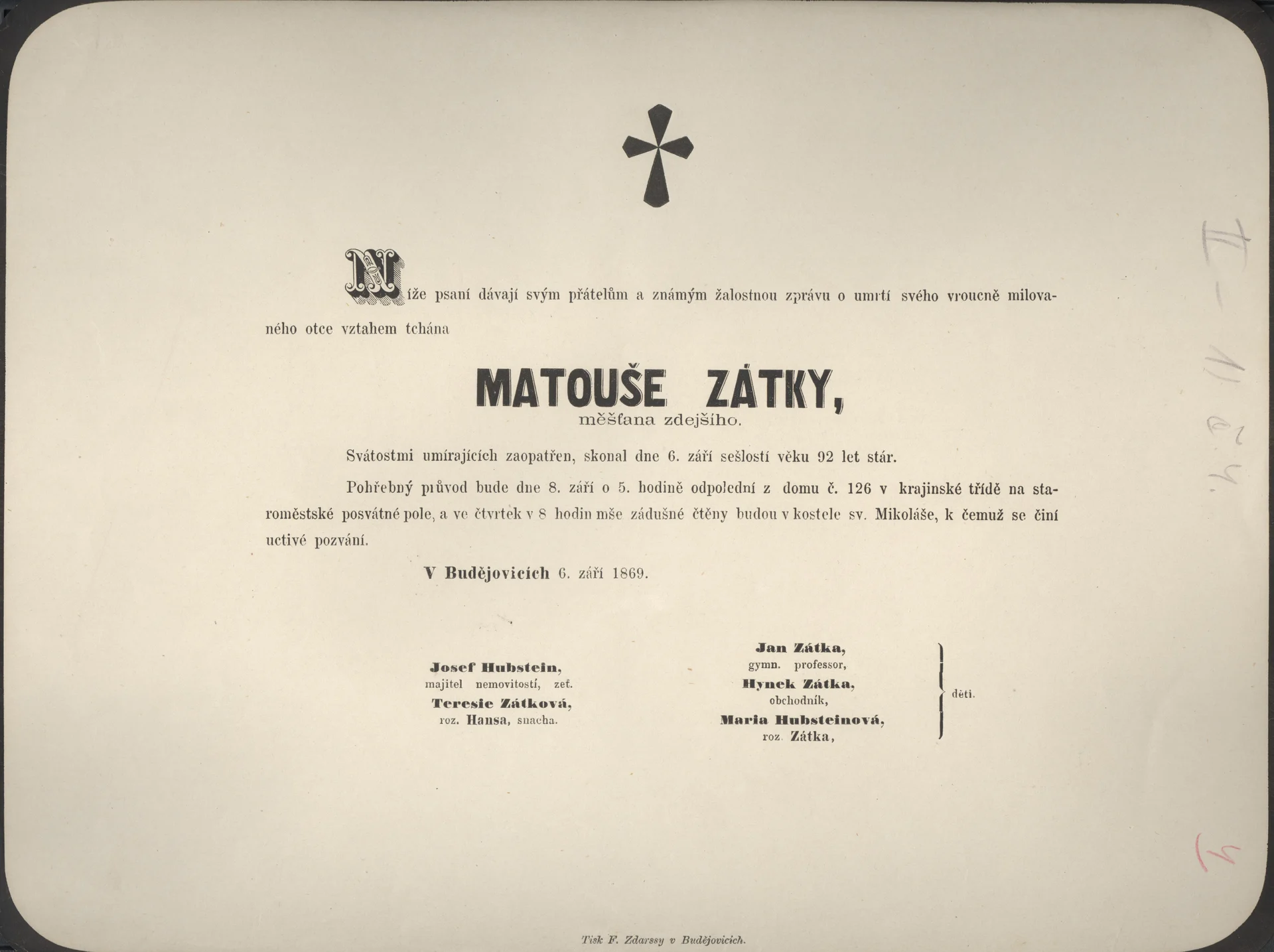 Náhledový obrázek předmětu Úmrtní oznámení Matouše Zátky
