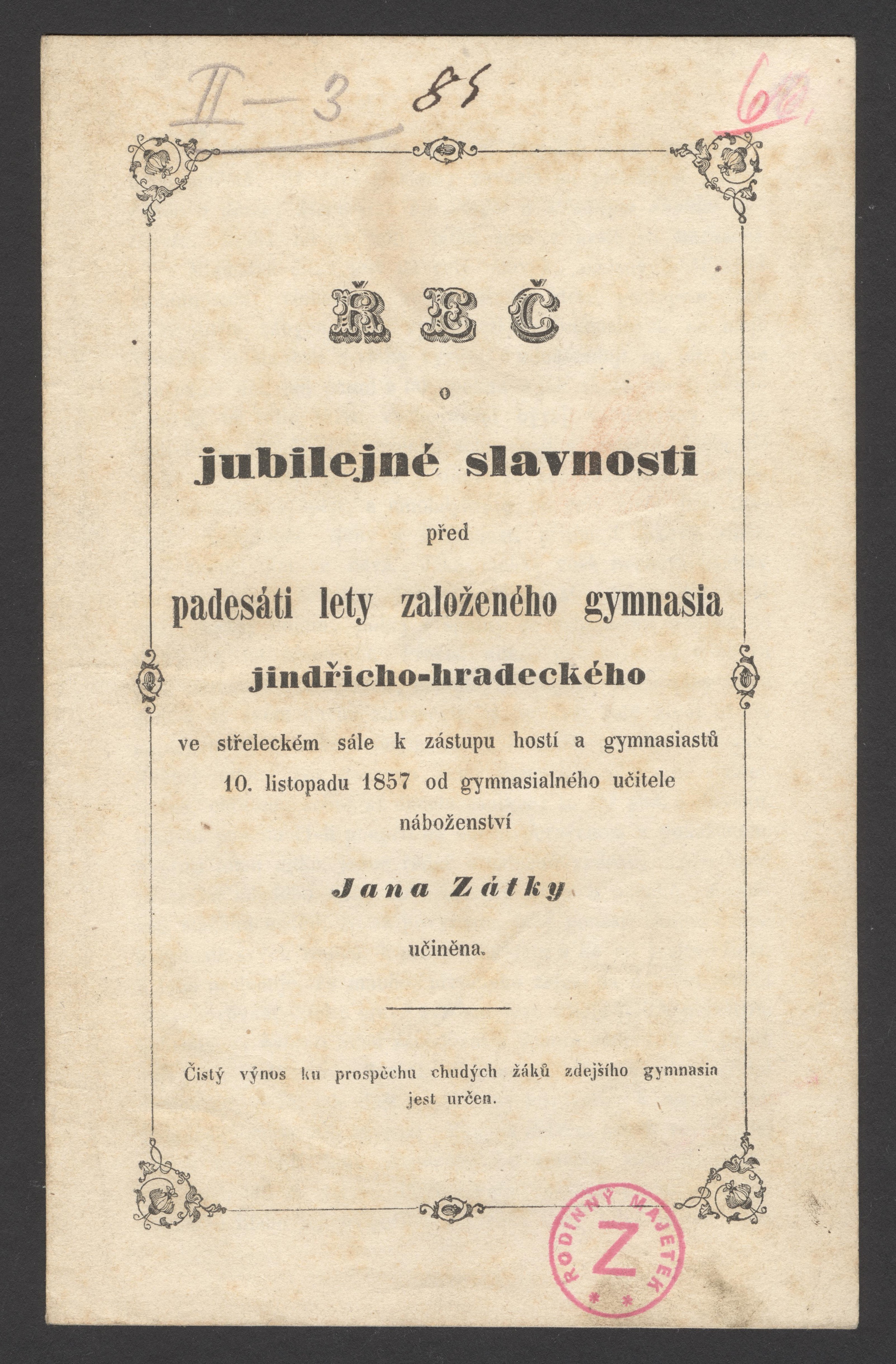 Náhledový obrázek Řeč Jana Zátky při jubilejní slavnosti jindřichohradeckého gymnasia - 1